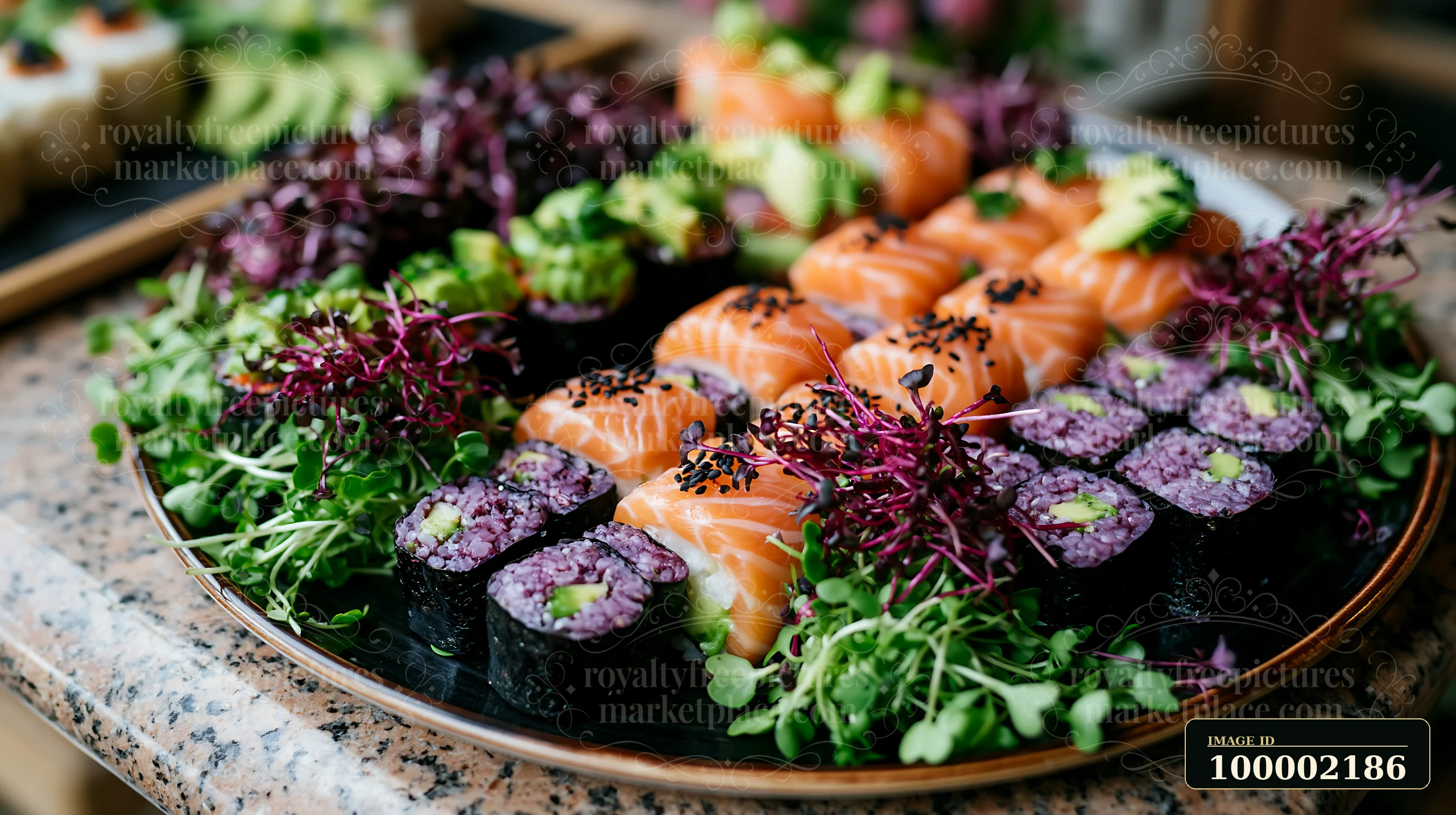Sushi with microgreens close-up shows a variety of sushi rolls arranged neatly on a plate.