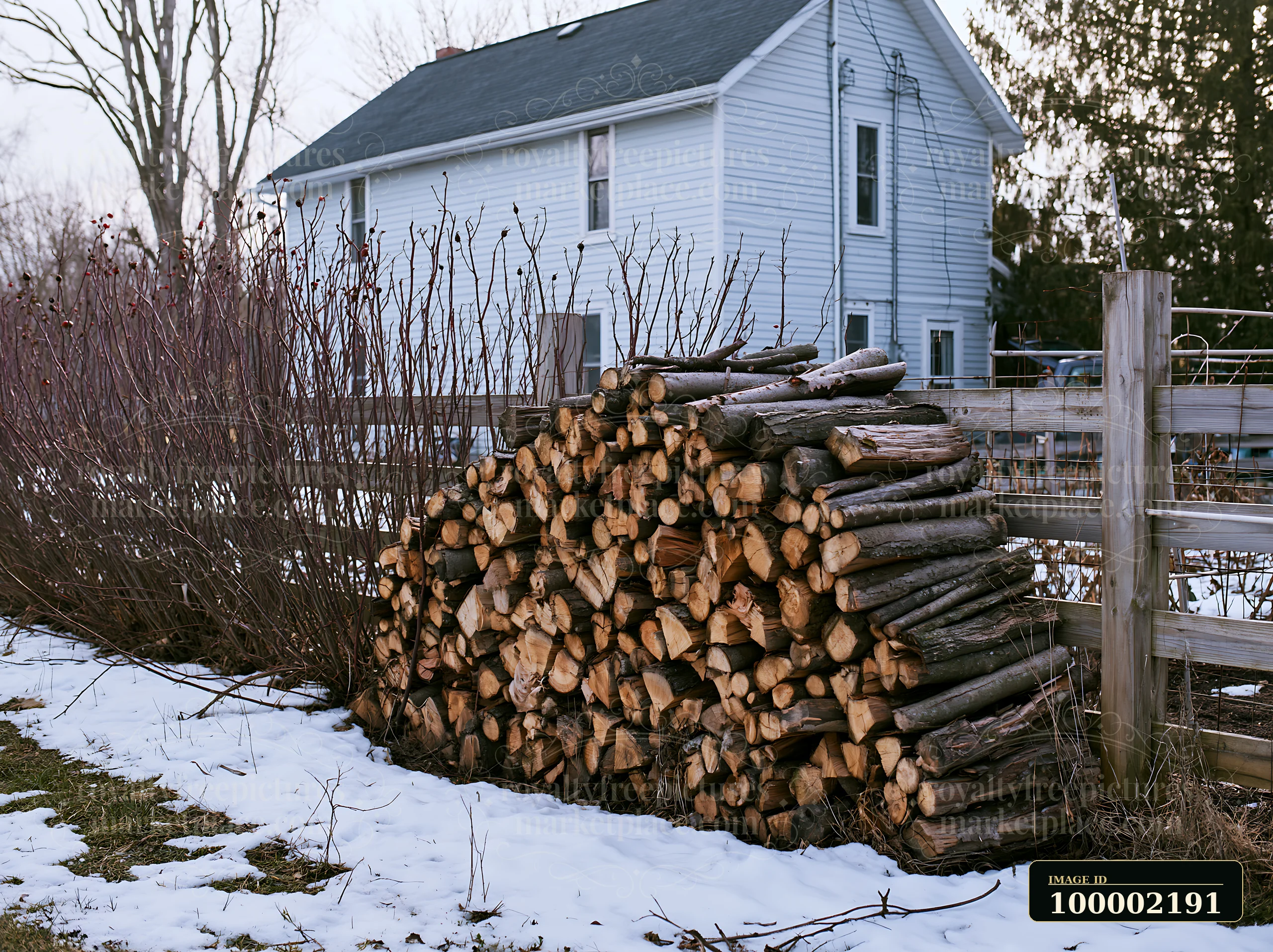 A stack of firewood is positioned near a fence in a winter garden outside a farmhouse.