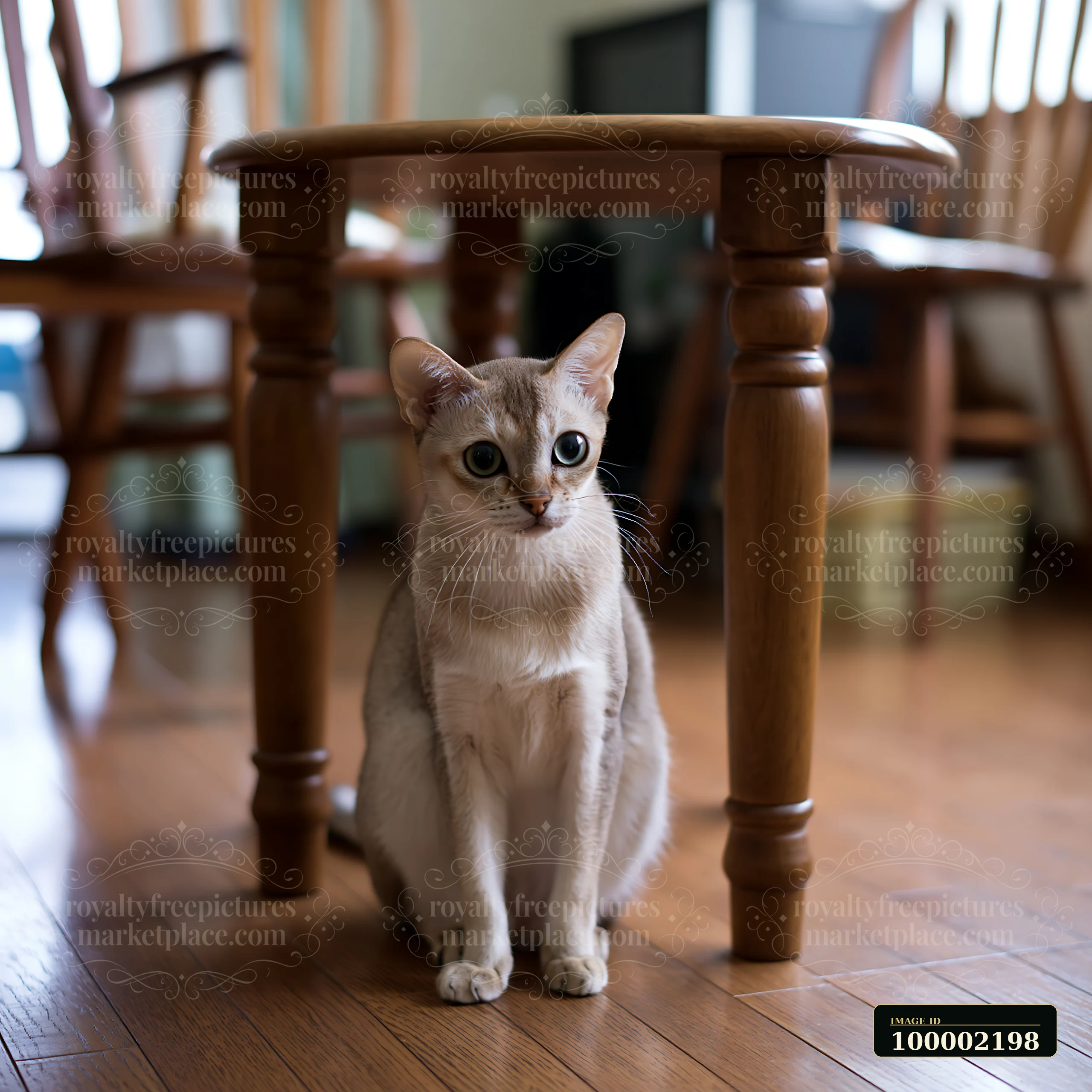 A Singapura cat sits quietly under a wooden table in a cozy living room.