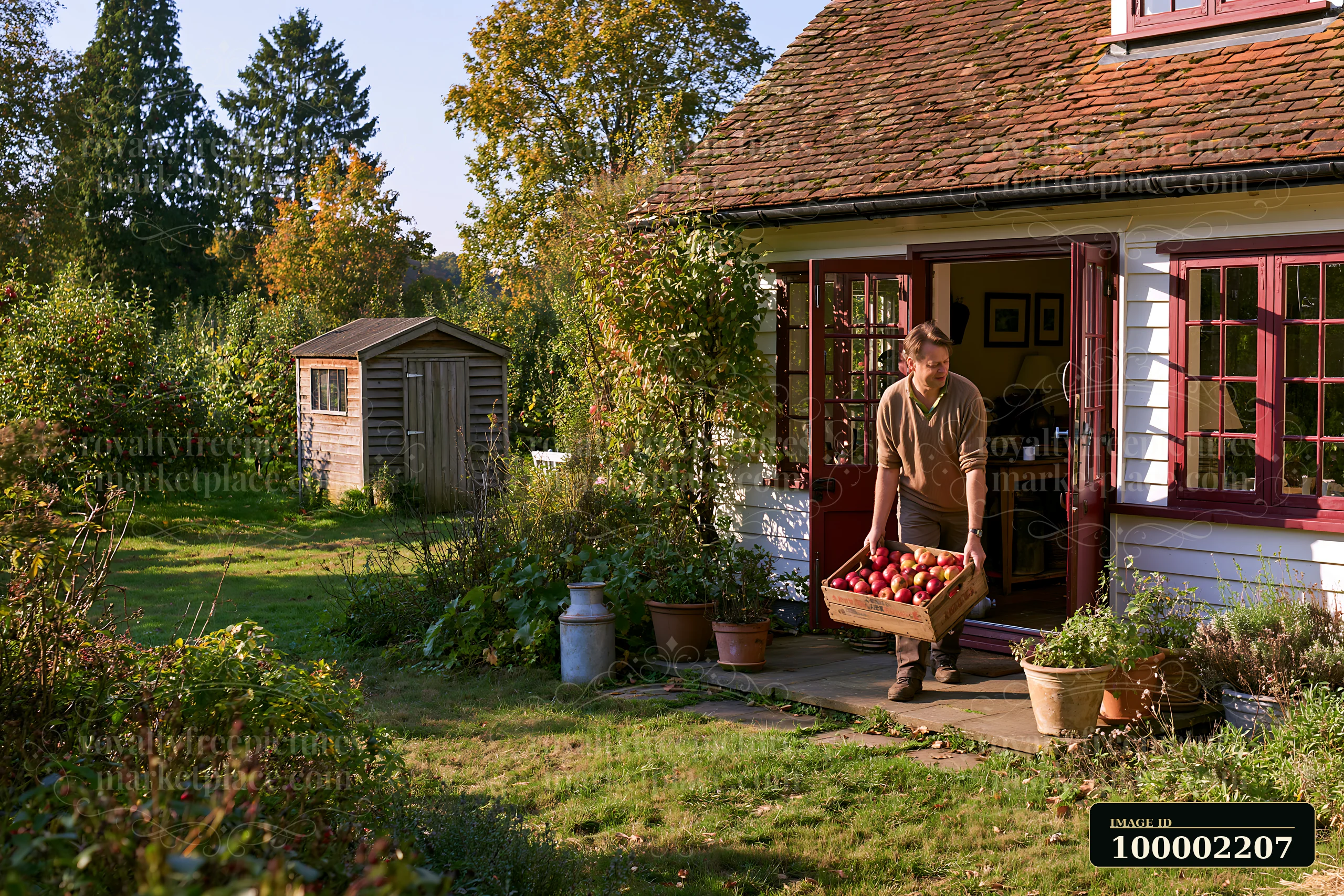 A person carries a basket of apples from a country house with open front door in a garden.