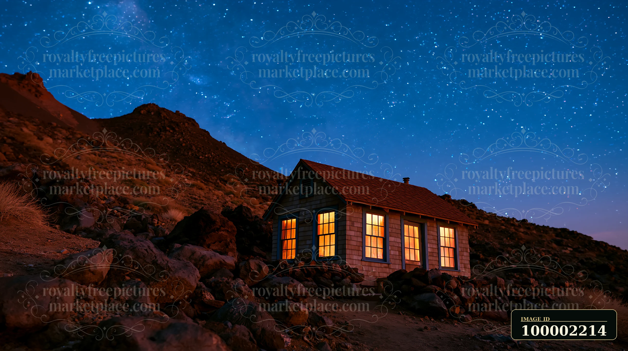 A cabin sits alone on rocky terrain under a starry sky.