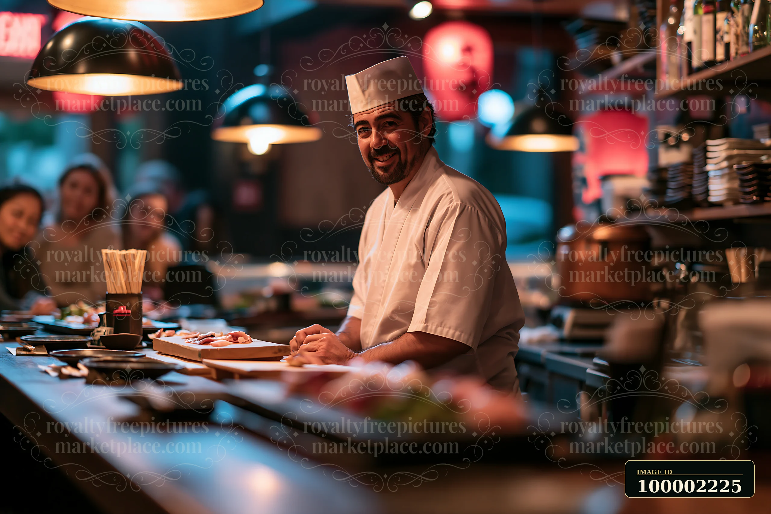 A sushi chef greeting diners at a lively restaurant, serving fresh sushi on a wooden counter.