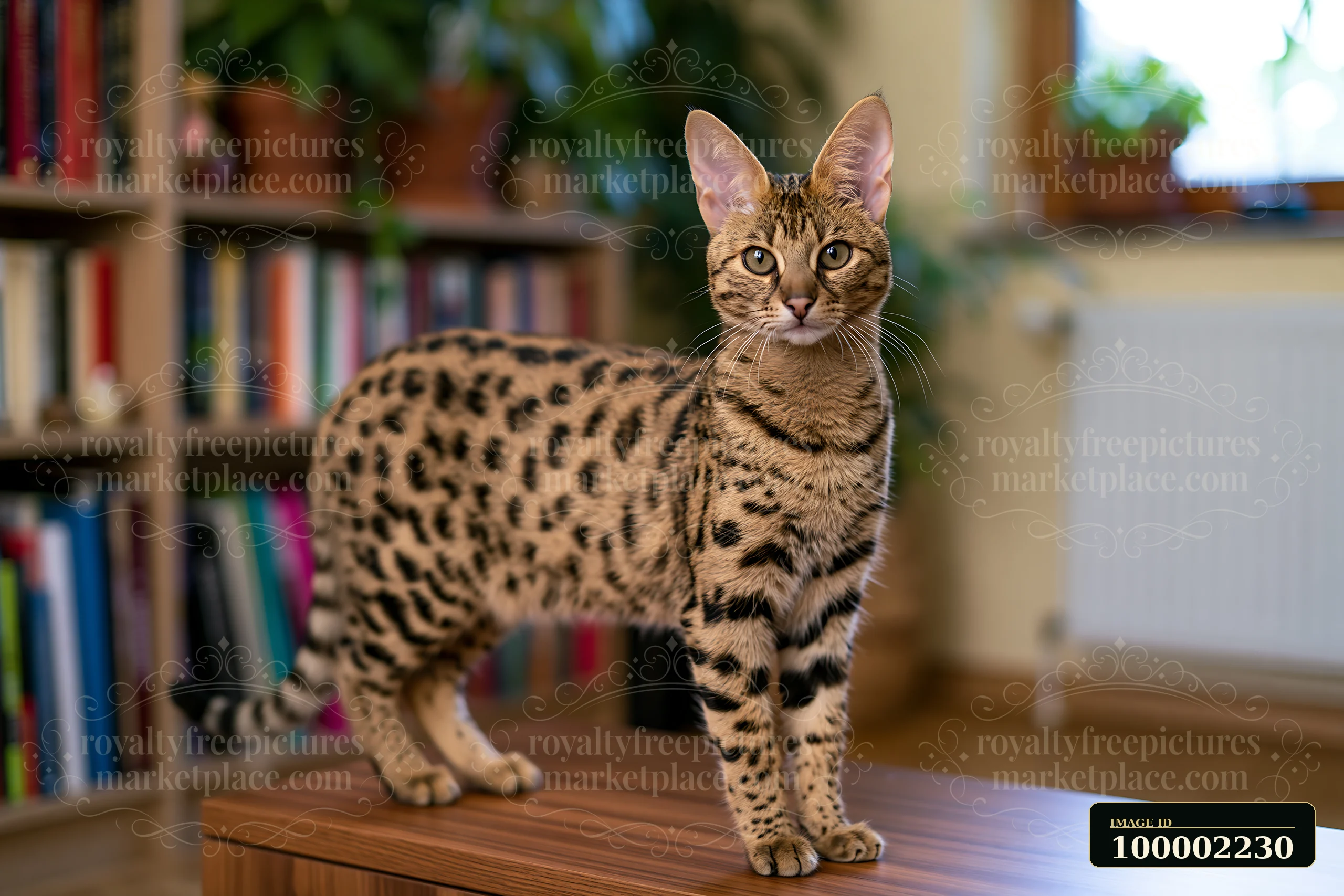 A Savannah cat at home stands on a wooden table.