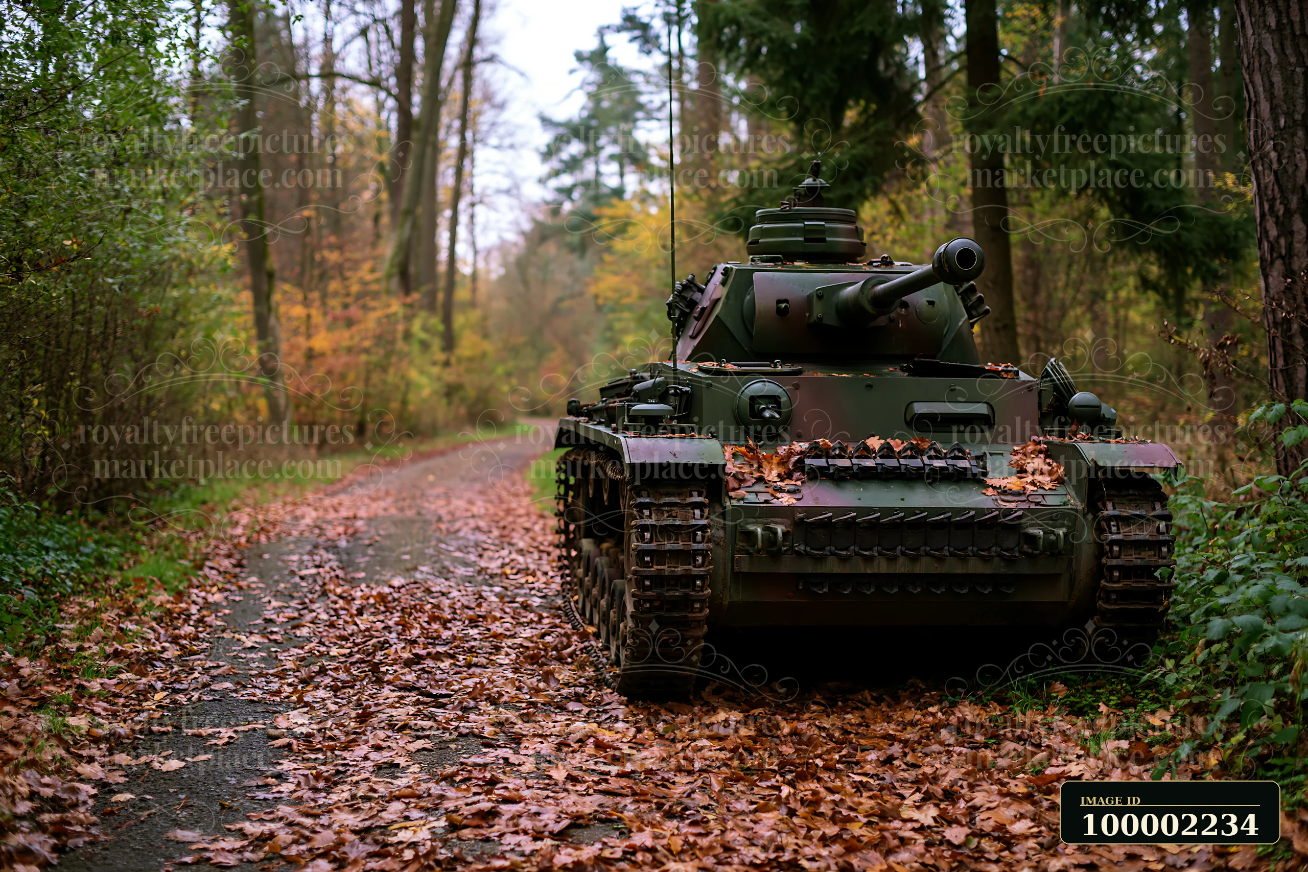 A panzer tank in autumn forest is positioned on a leaf-covered path, surrounded by trees with changing leaves.