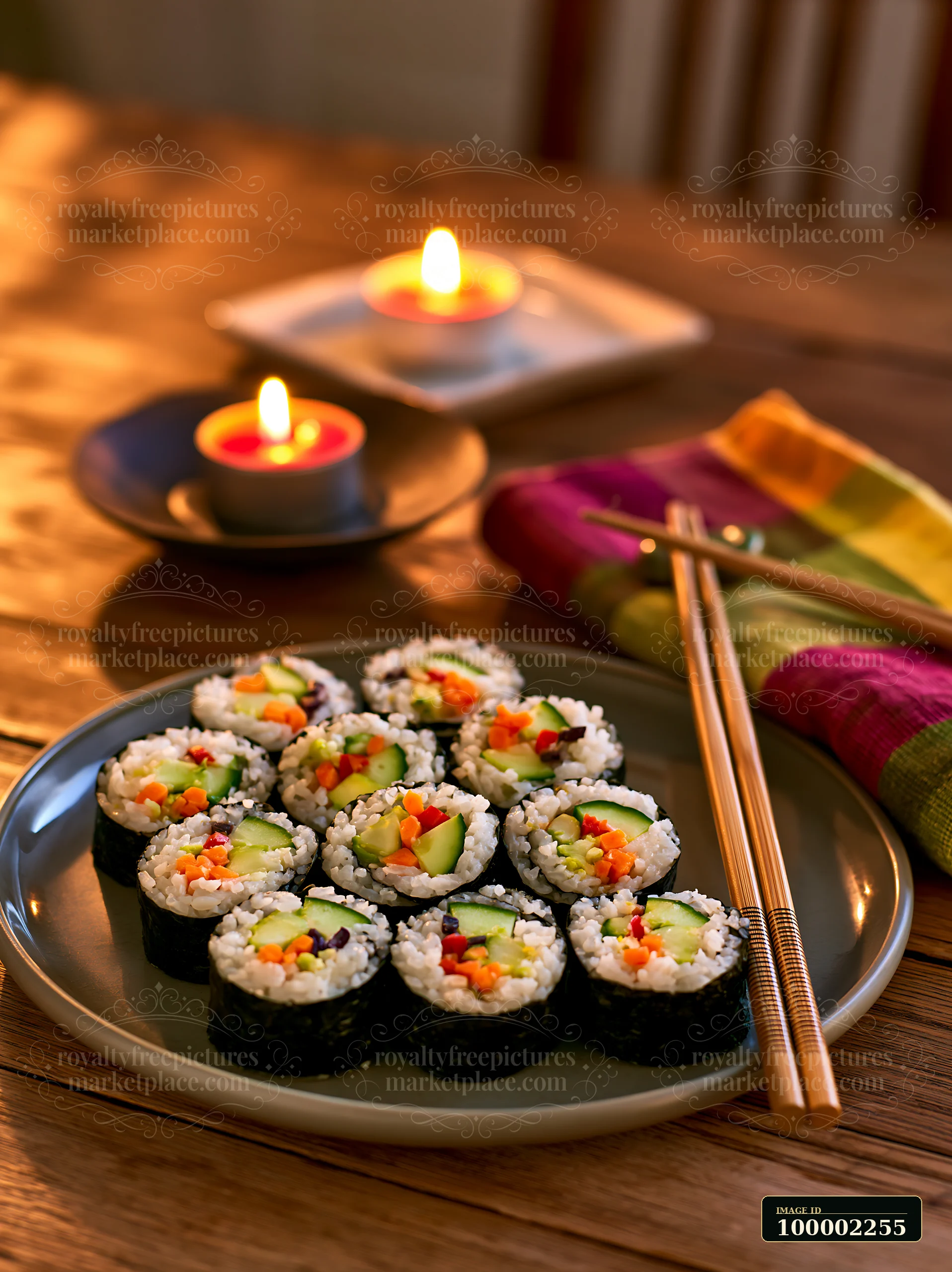 A plate of sushi rolls sits on a wooden table with warm lighting.