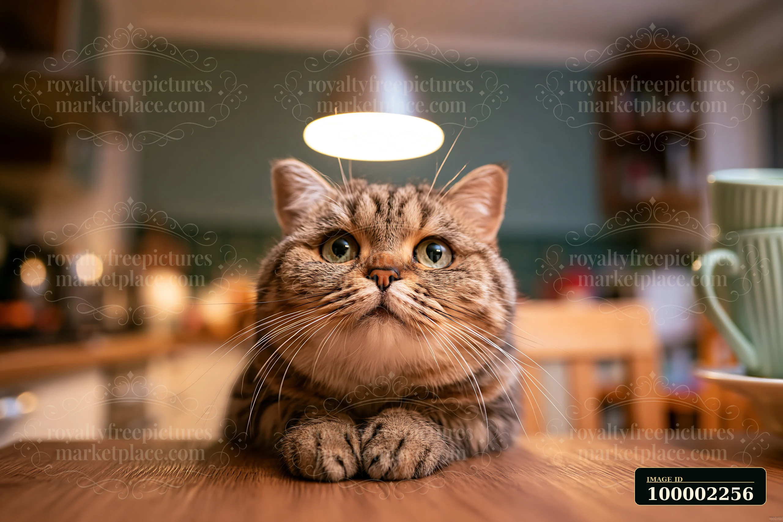 A Dwelf cat portrait shows a curious cat resting on a table in a kitchen.