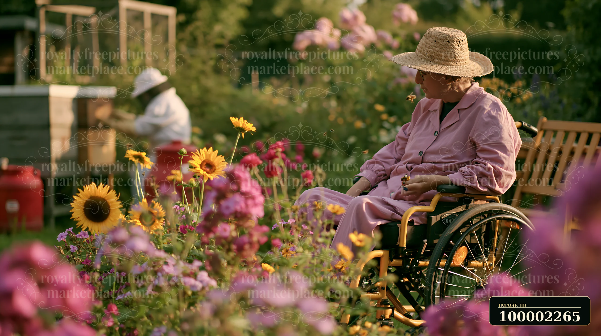A person with muscular dystrophy using a wheelchair enjoys a colorful flower garden on a sunny day.