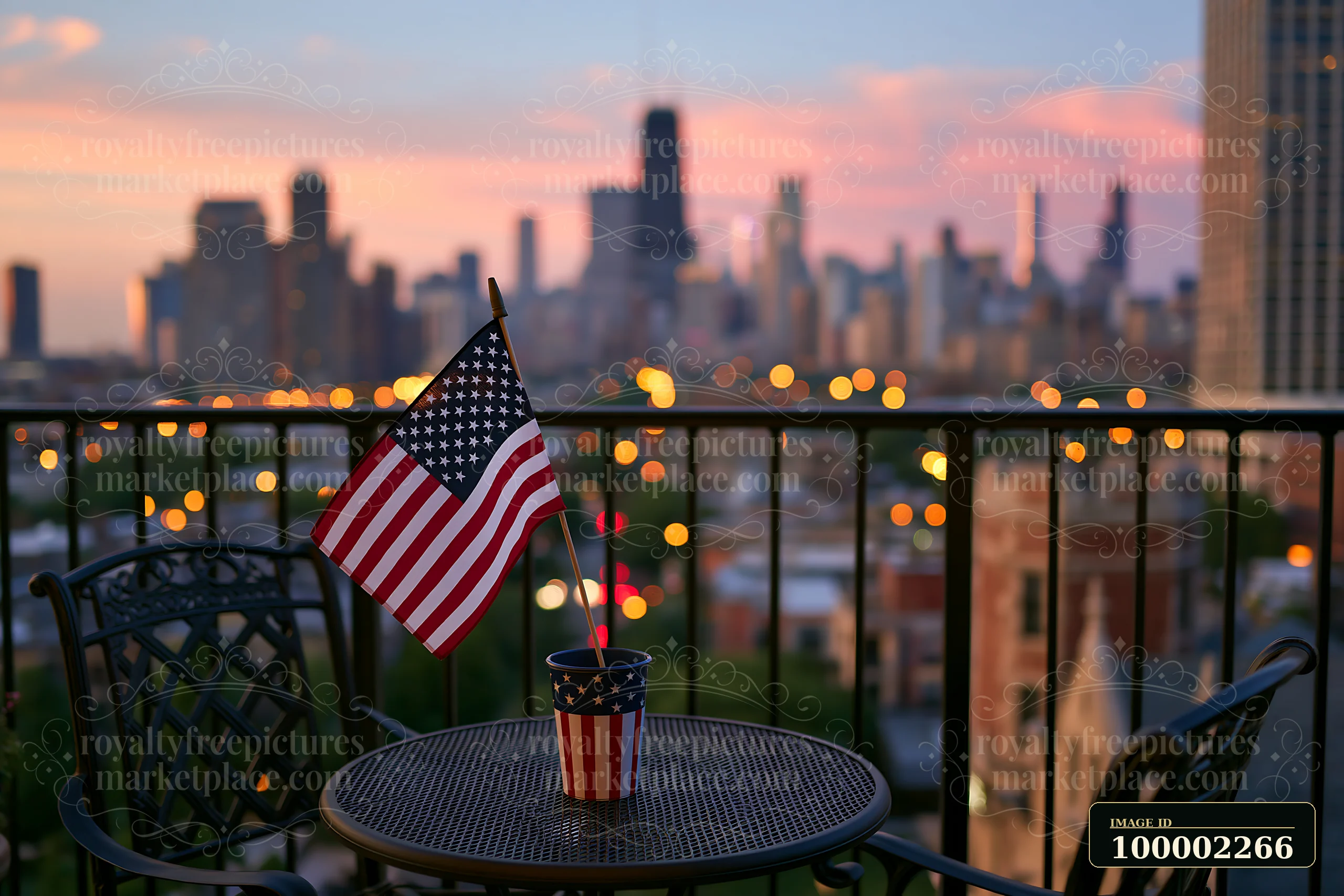 A small table with an American flag decoration and a cup sits on a balcony, with a vibrant city skyline in the background during sunset.