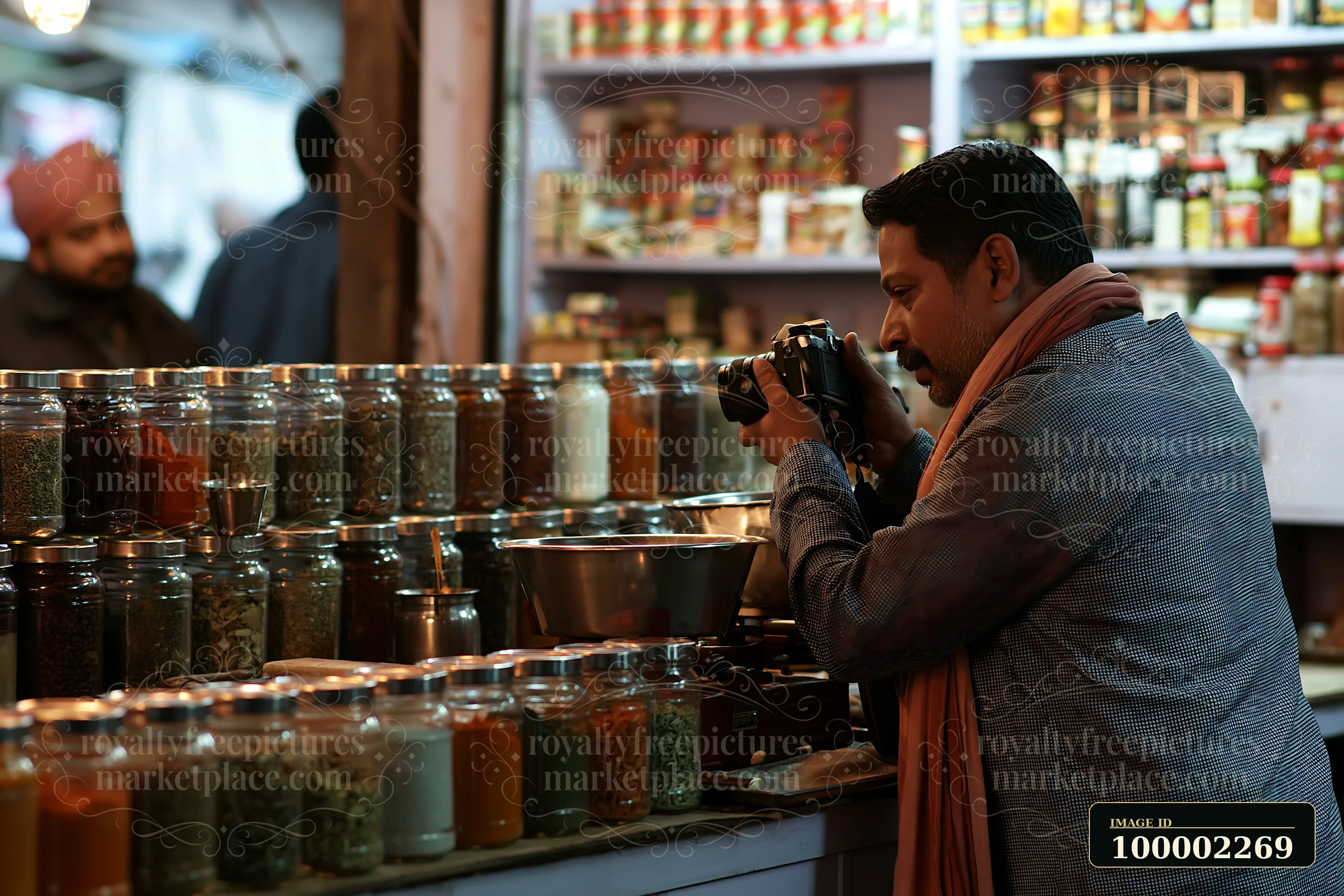 A street photographer taking pictures in an urban market focuses on jars of spices and herbs.