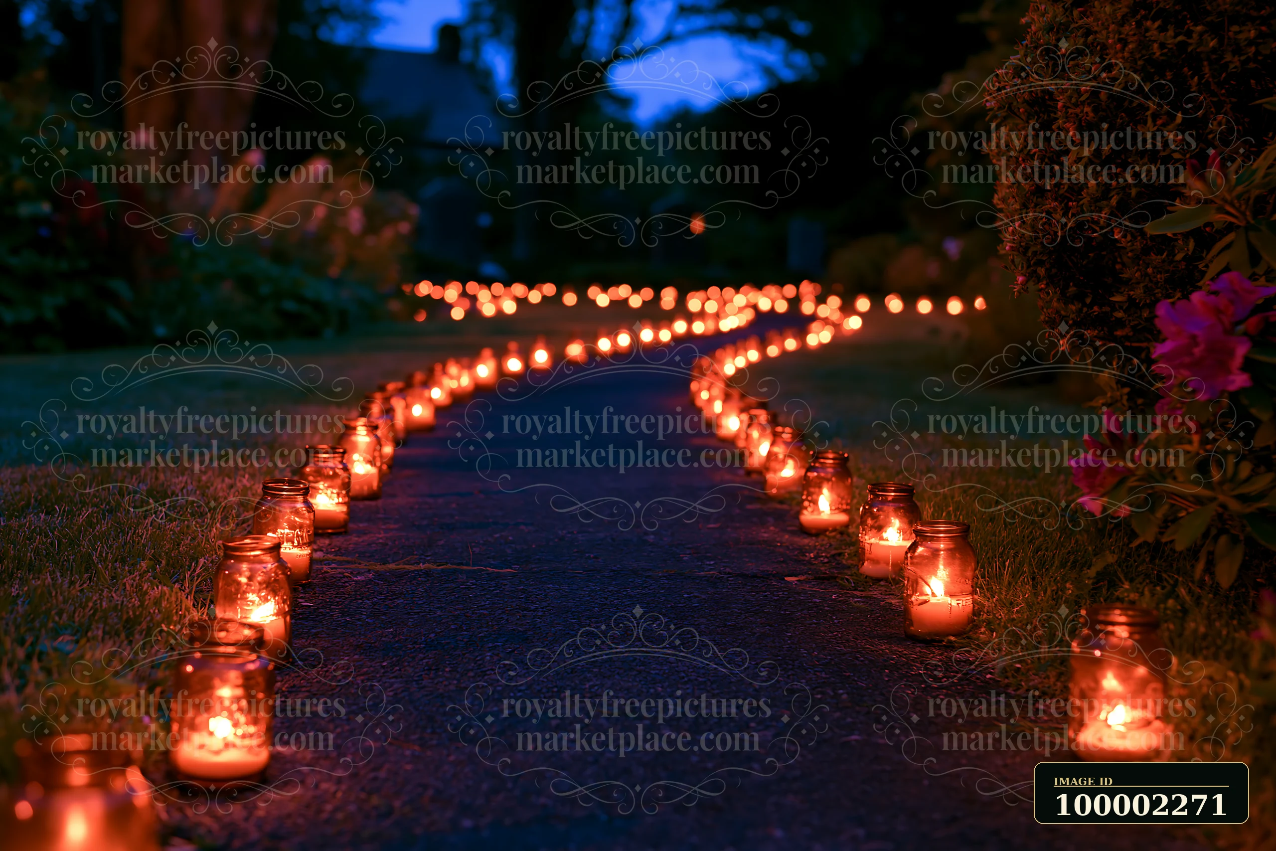 Candles light a winding path in a military memorial garden at night, creating a warm glow against the dark blue sky.