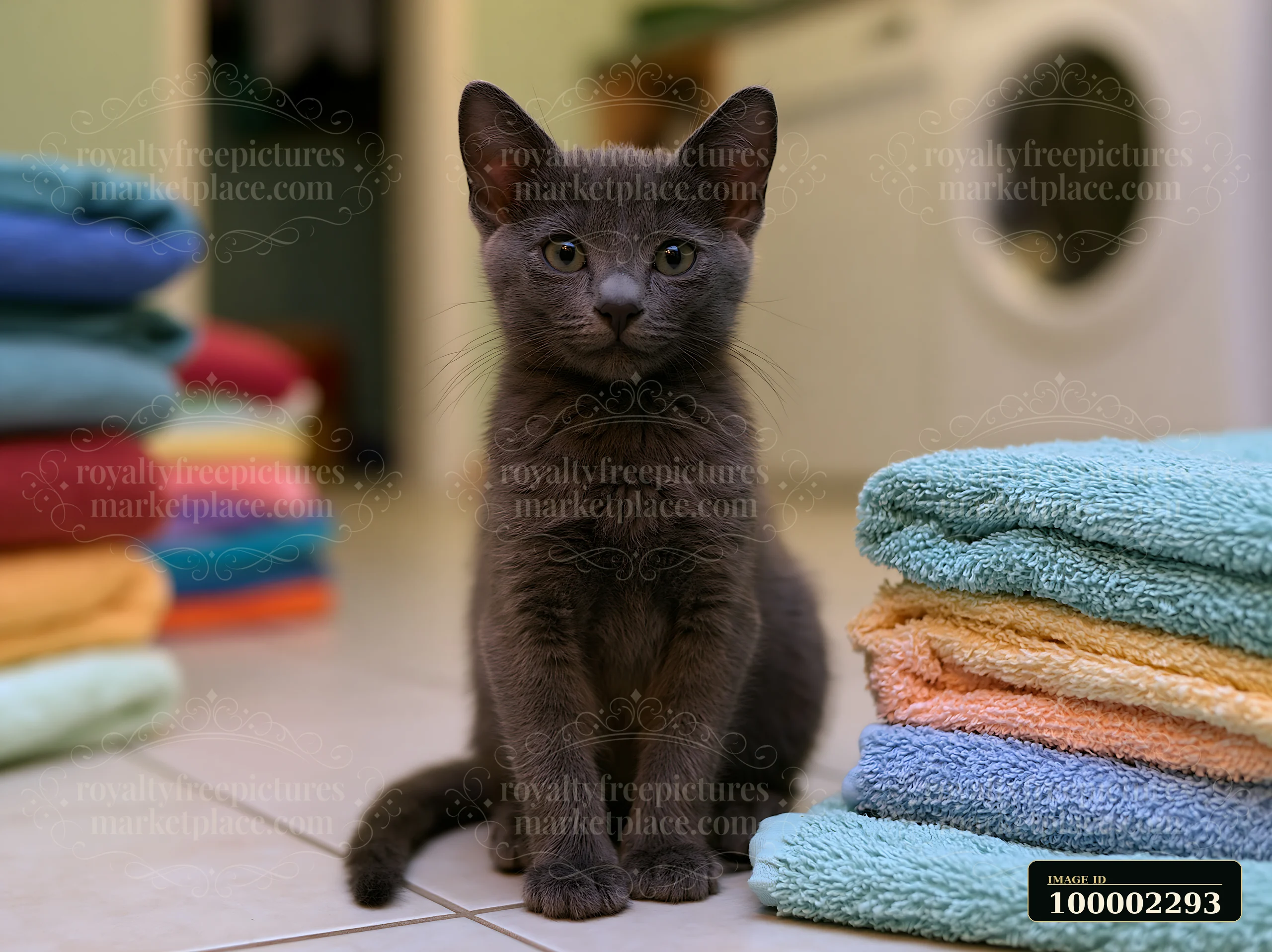 A Korat kitten is sitting on a tiled floor in a laundry room surrounded by neatly stacked colorful towels.