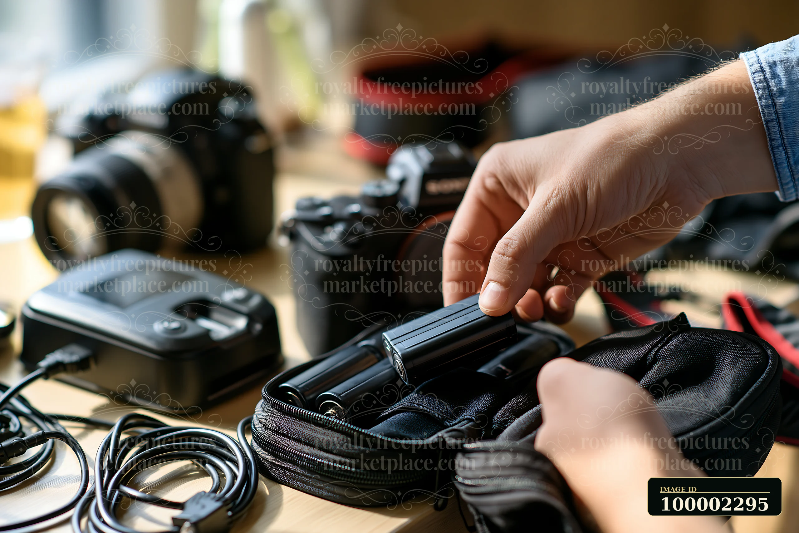 A person is organizing camera and travel accessories on a packing table.