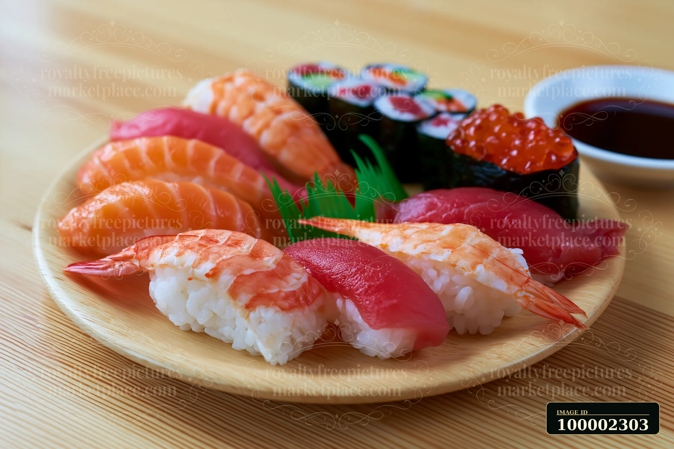A selection of sushi including nigiri and rolls is arranged on a wooden plate.