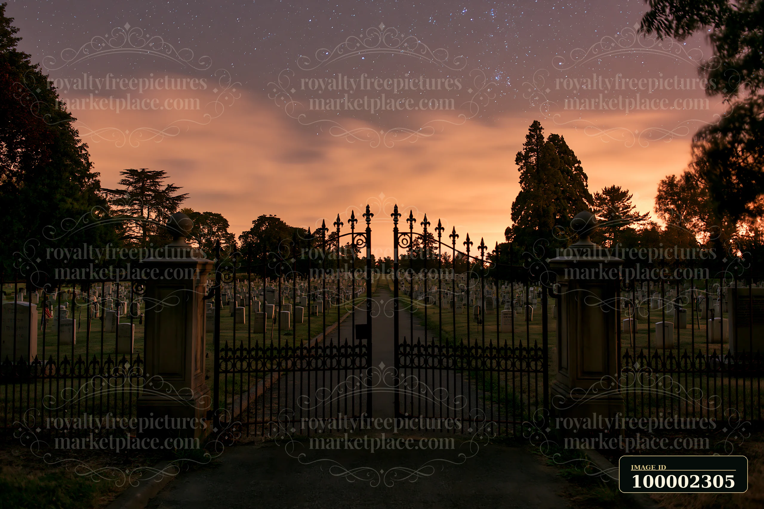 A cemetery features stone gravestones and a wrought iron gate under low clouds and stars.