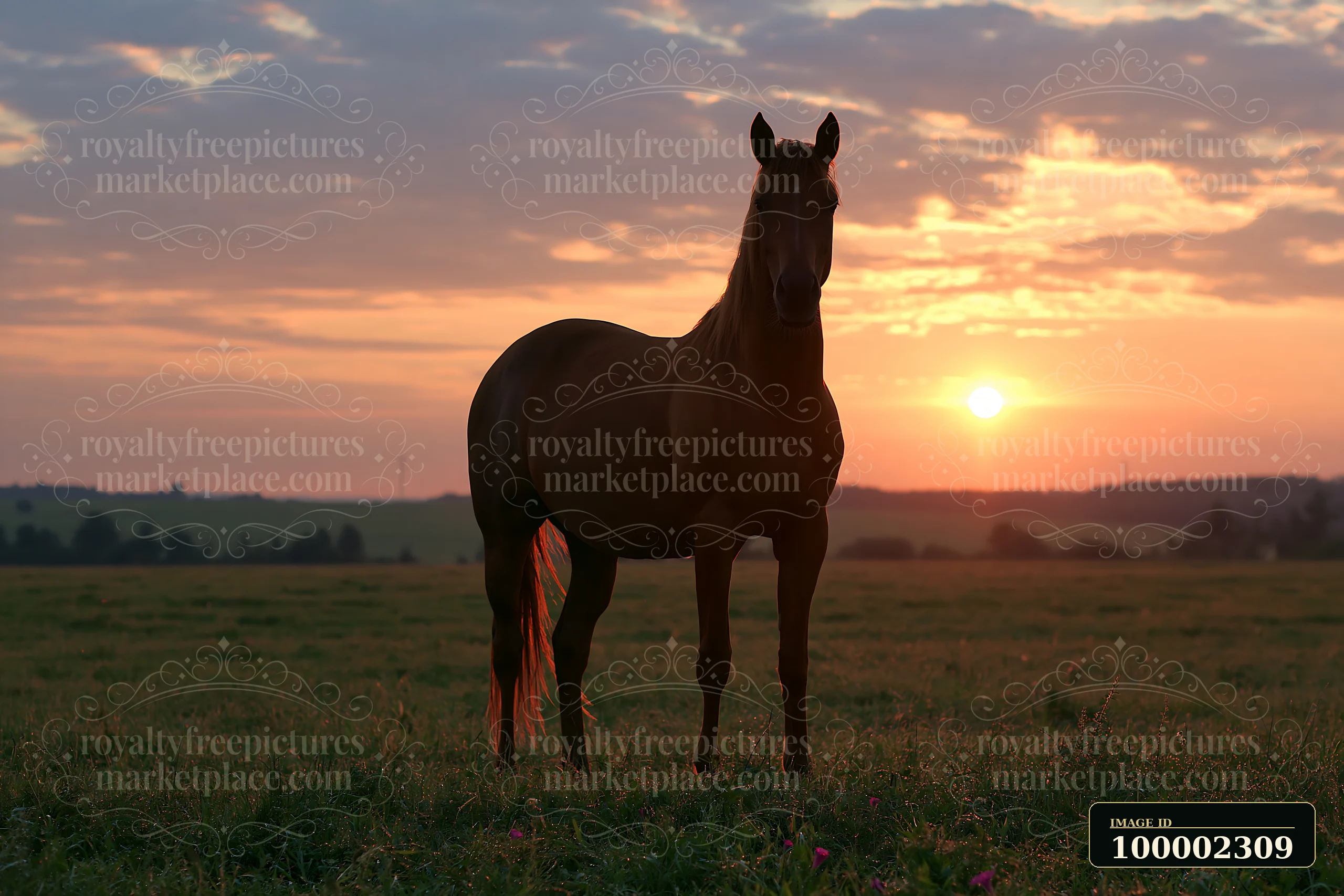 A horse silhouette at sunset stands in an open field.