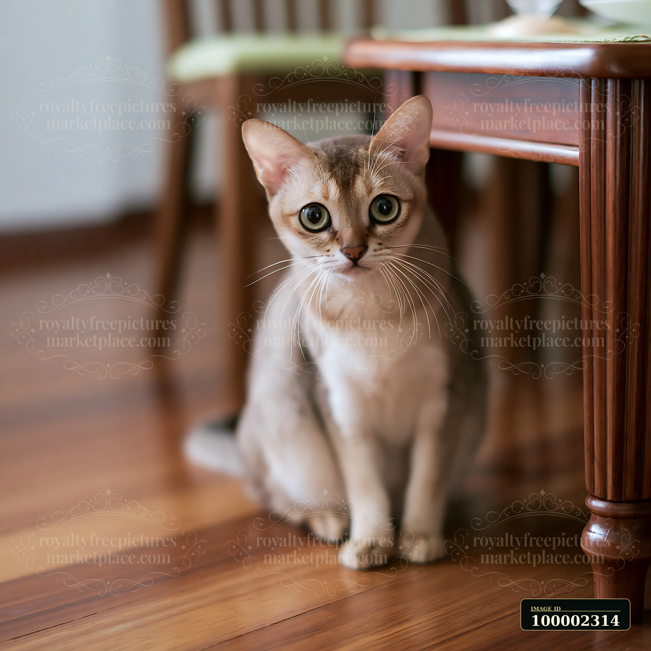 A Singapura cat sits on the wooden floor near a dining table, observing its surroundings.
