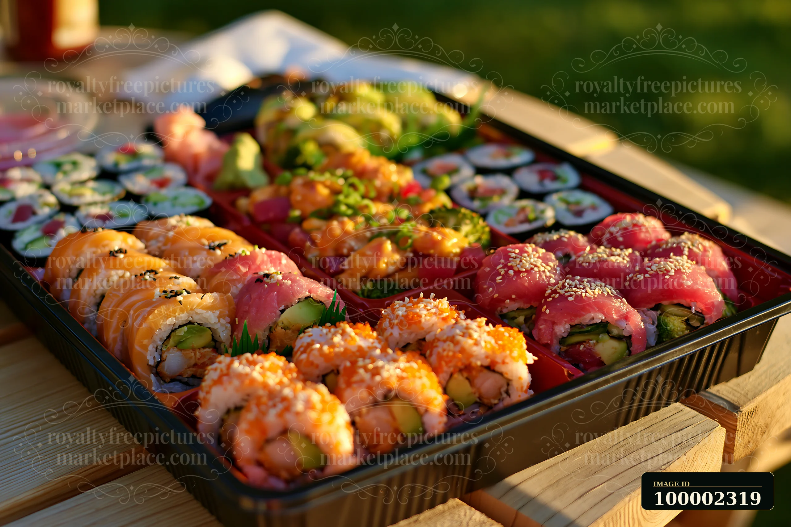 Sushi delivery box close-up shows an assortment of colorful sushi rolls arranged neatly in a black container.