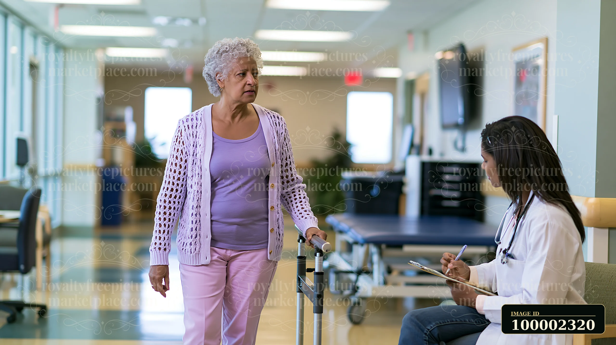 A senior woman with Parkinson's visiting a neurologist walks down a hospital corridor while a doctor sits with a notepad.