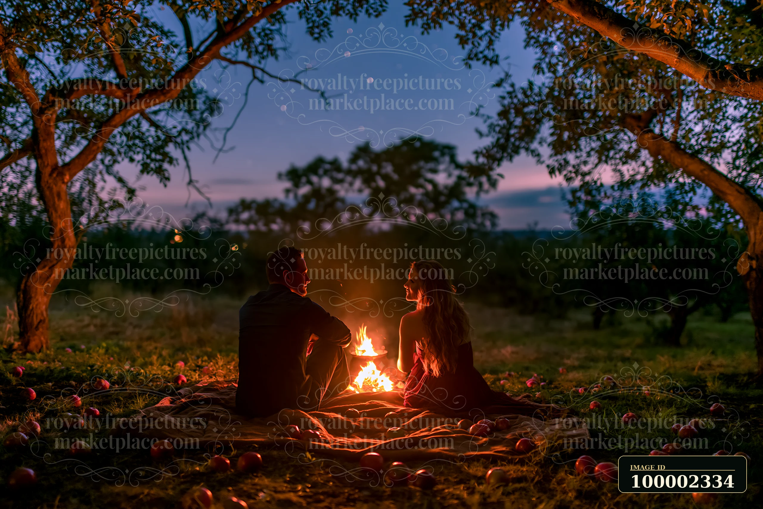 A couple sitting beside a fire under the night sky enjoys each other's company while sitting on a blanket surrounded by trees and scattered apples.