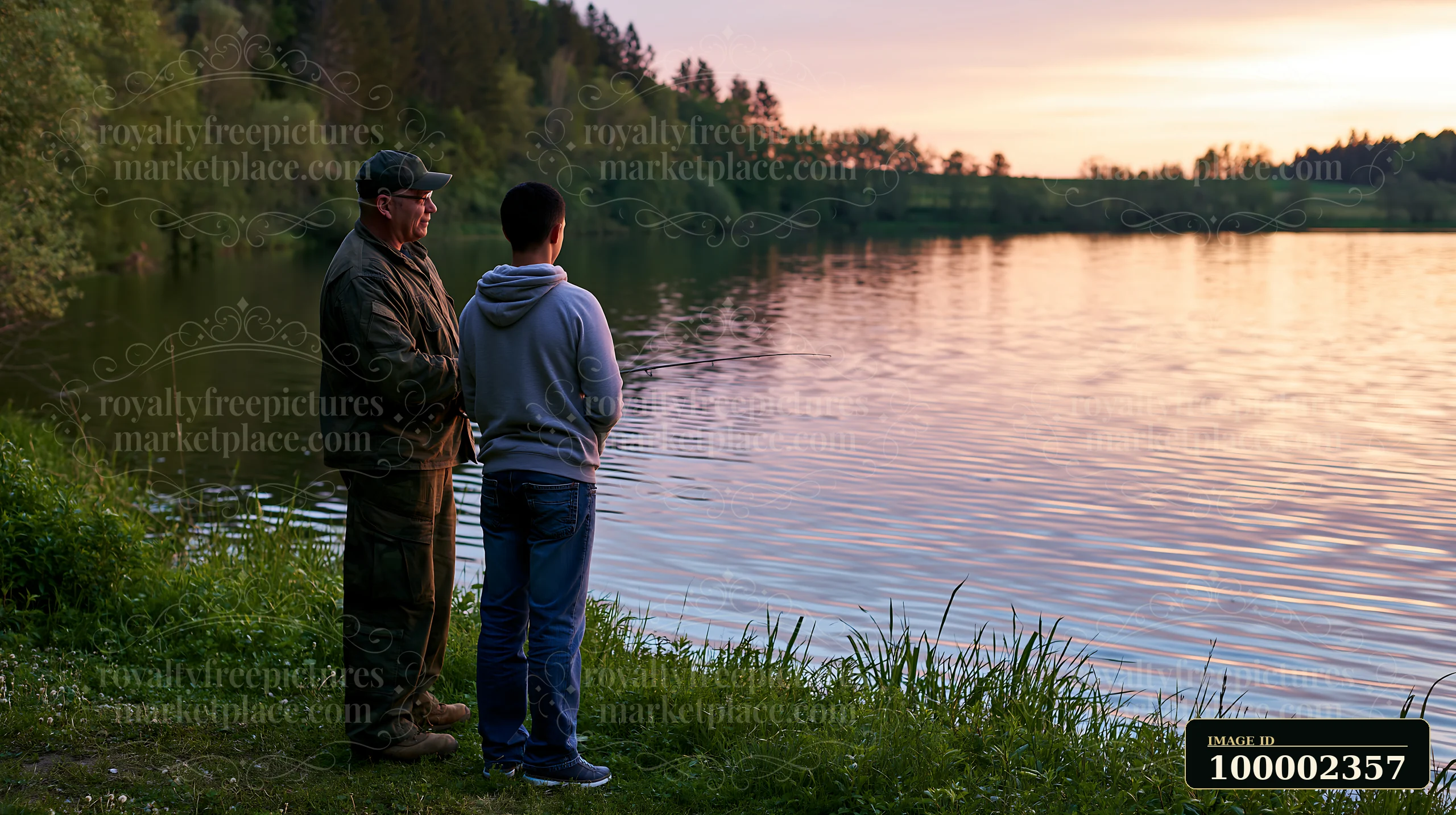 A retired soldier stands with a young man by a lake as the sun sets, reflecting warm tones on the water.