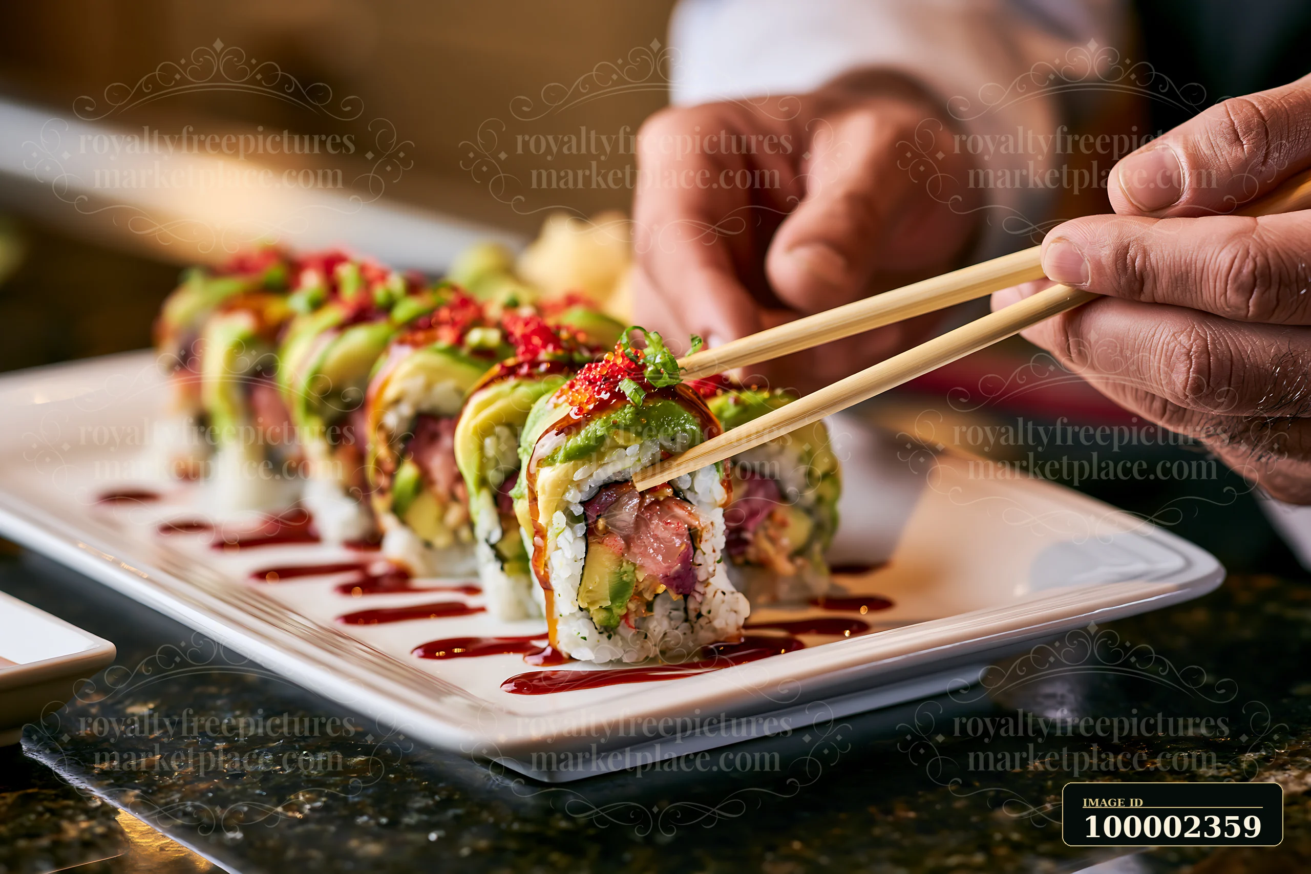 A close-up shows a person using chopsticks to pick up a dragon roll at a sushi restaurant.