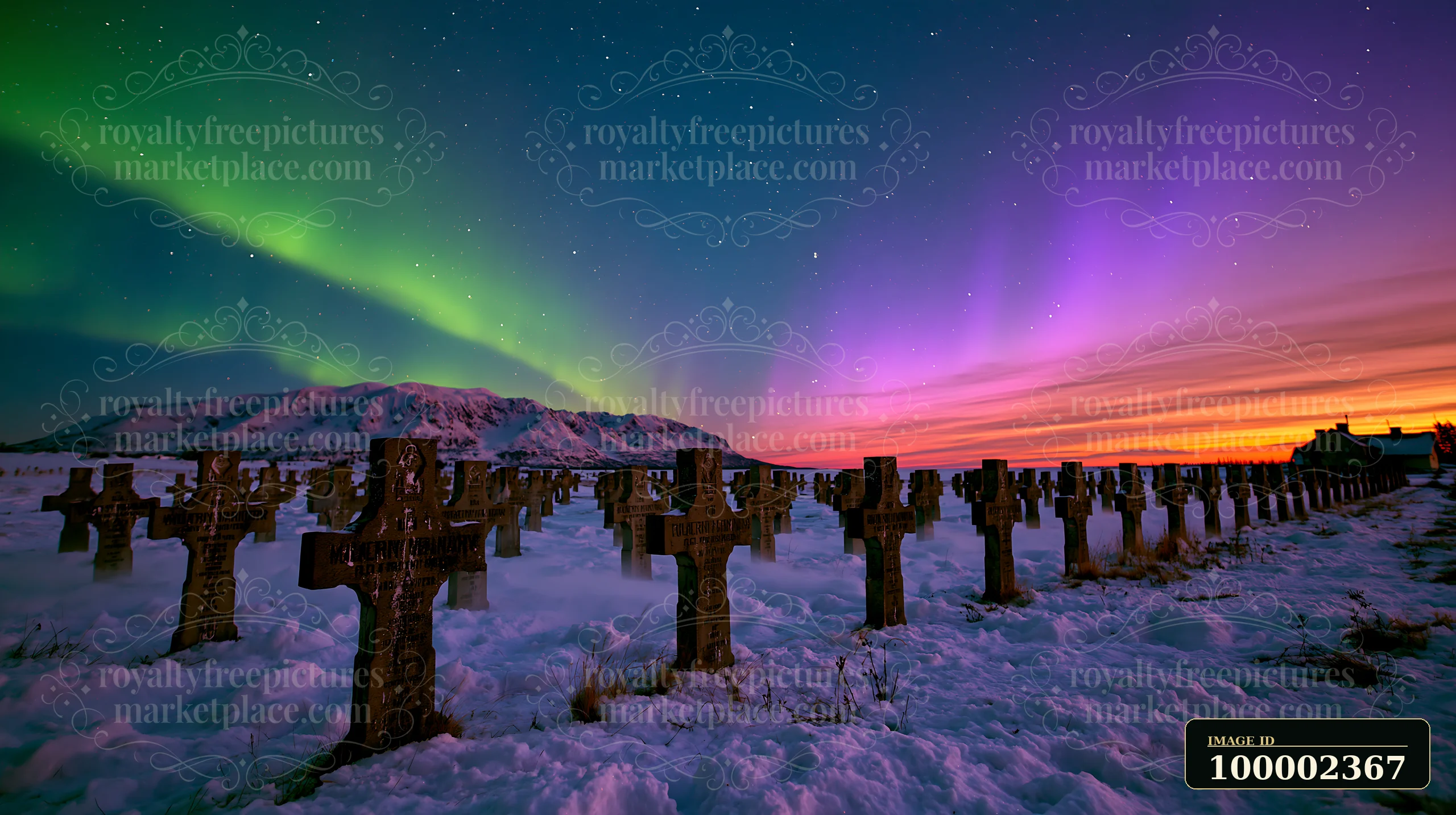 A military cemetery beneath northern lights, with grave markers lined up in rows under a colorful sky.