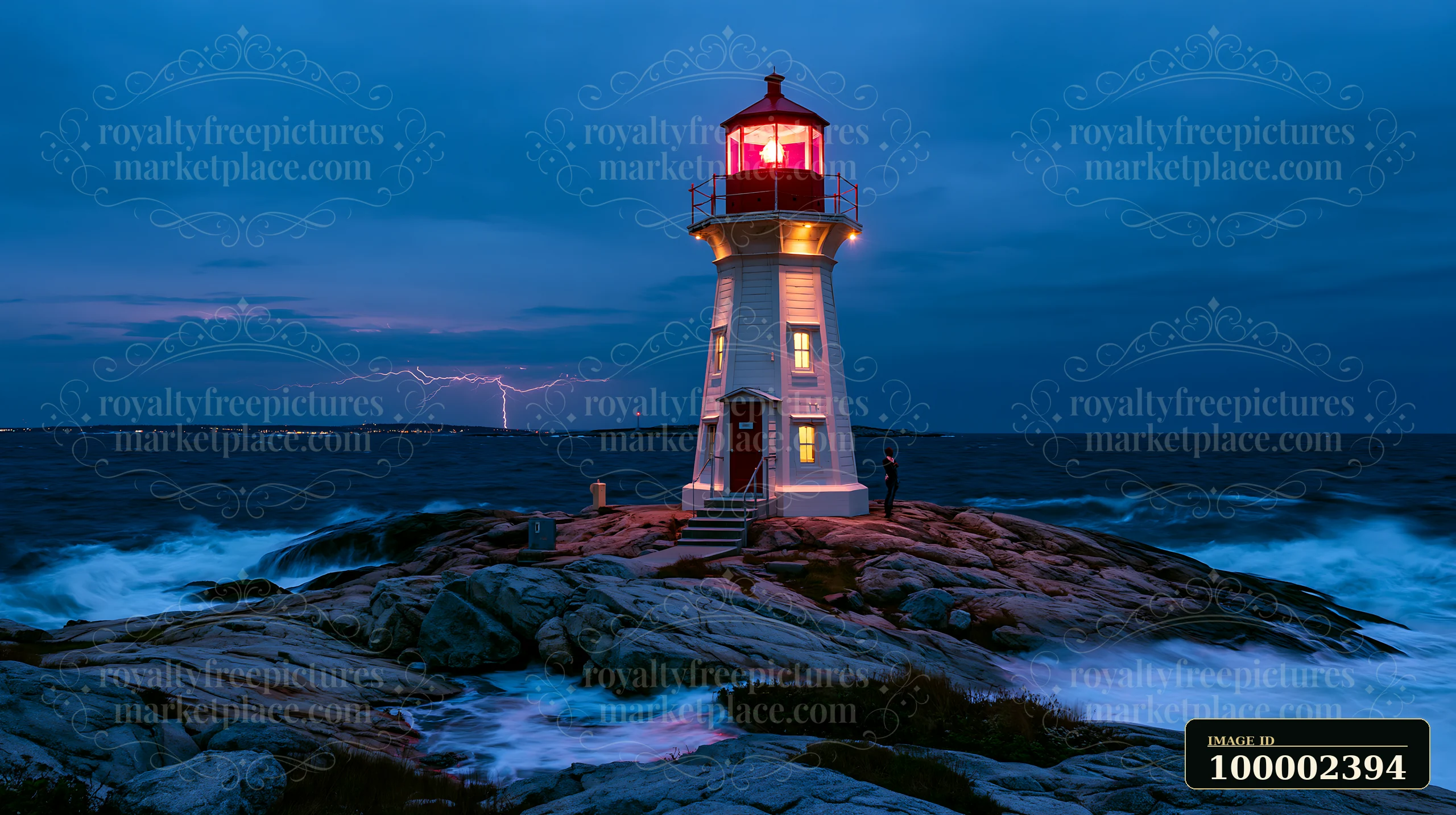A lighthouse stands on rocky terrain as waves crash against it, while lightning illuminates the sky over the ocean.