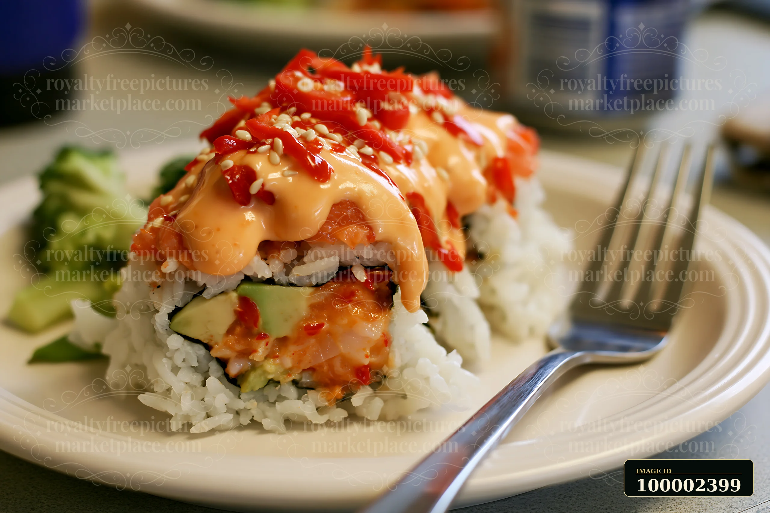 A spicy salmon sushi roll with chili is placed on a white plate beside fresh broccoli.