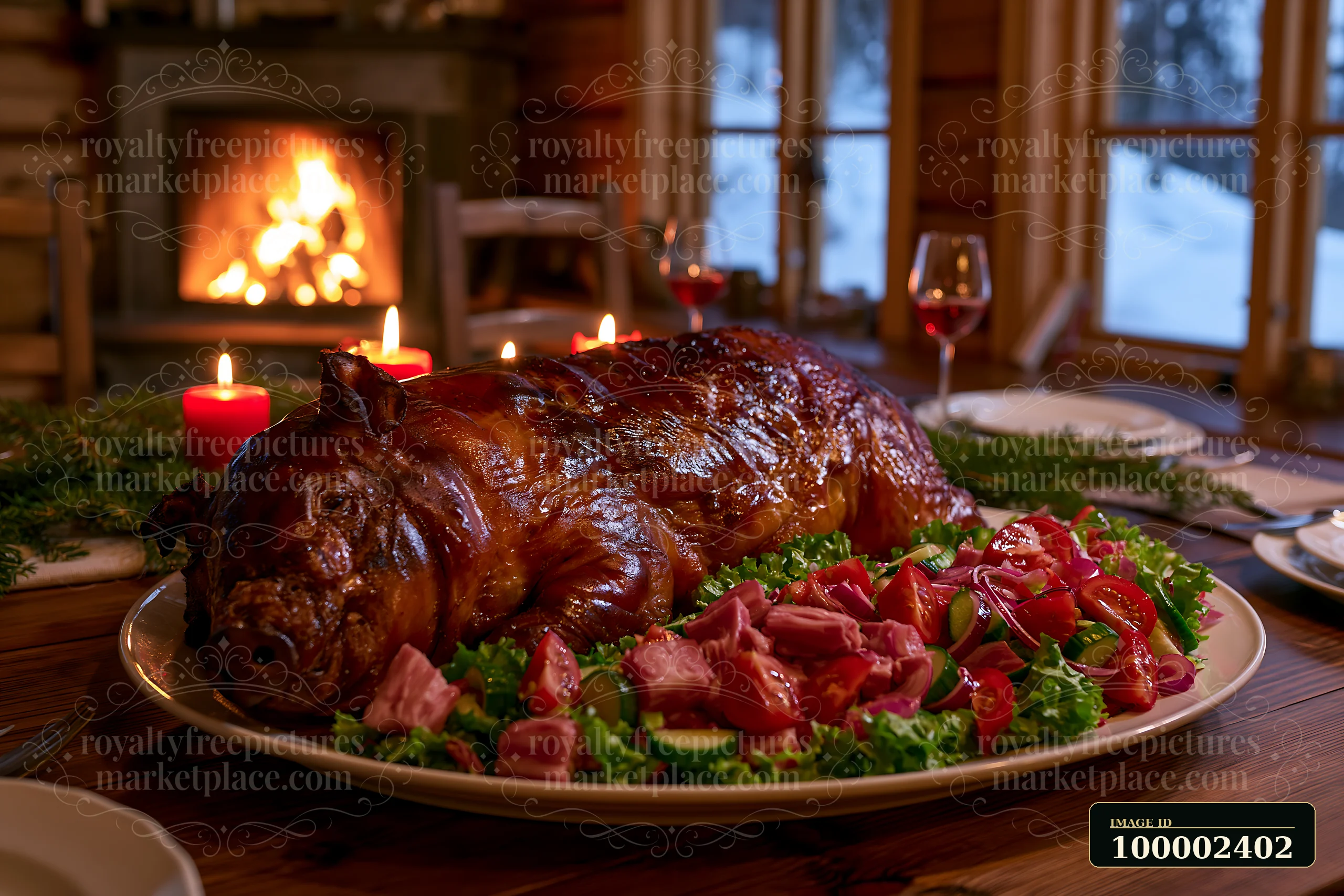 A roasted pig served with salad is displayed on a large platter in a cozy dining setting.