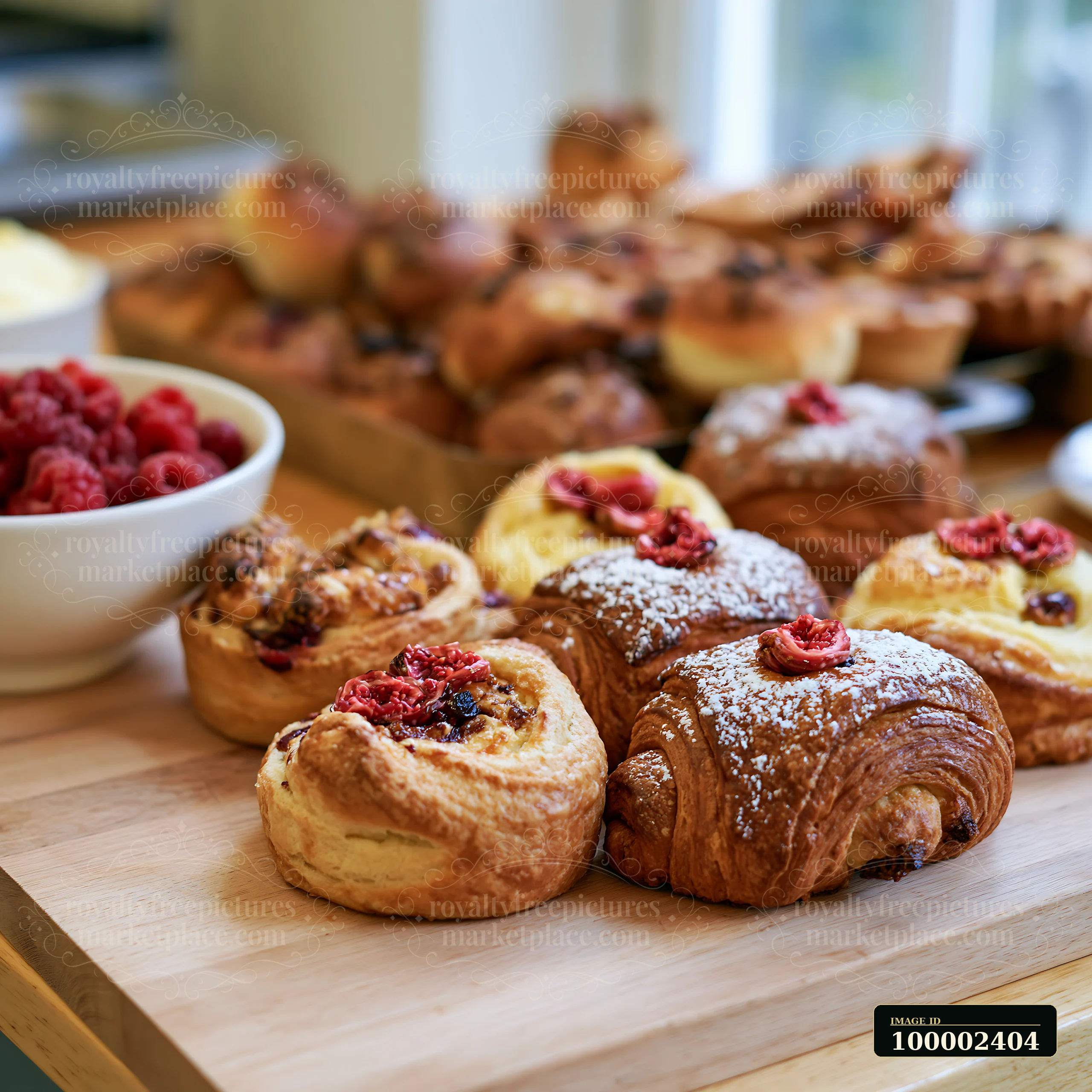 A charity event buffet features an assortment of pastries, including cinnamon rolls and croissants, alongside fresh raspberries, set on a wooden table in a brig