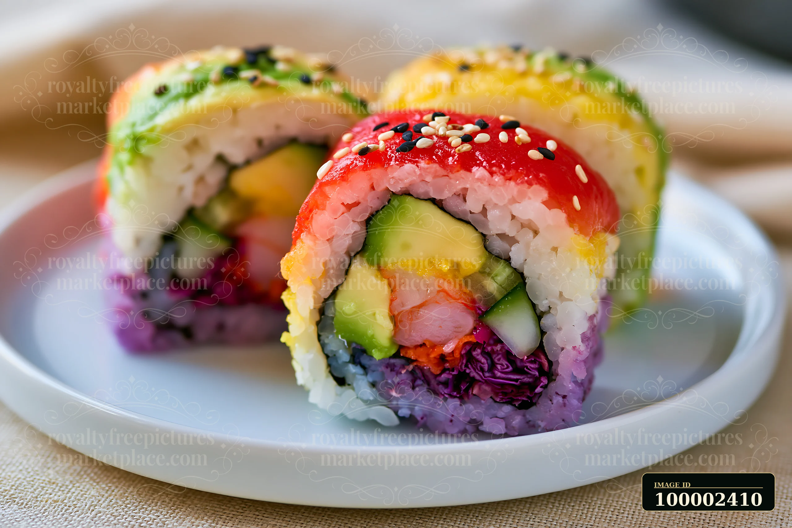 A close-up view of a rainbow sushi roll features vibrant ingredients, including avocado, cucumber, and various fish.