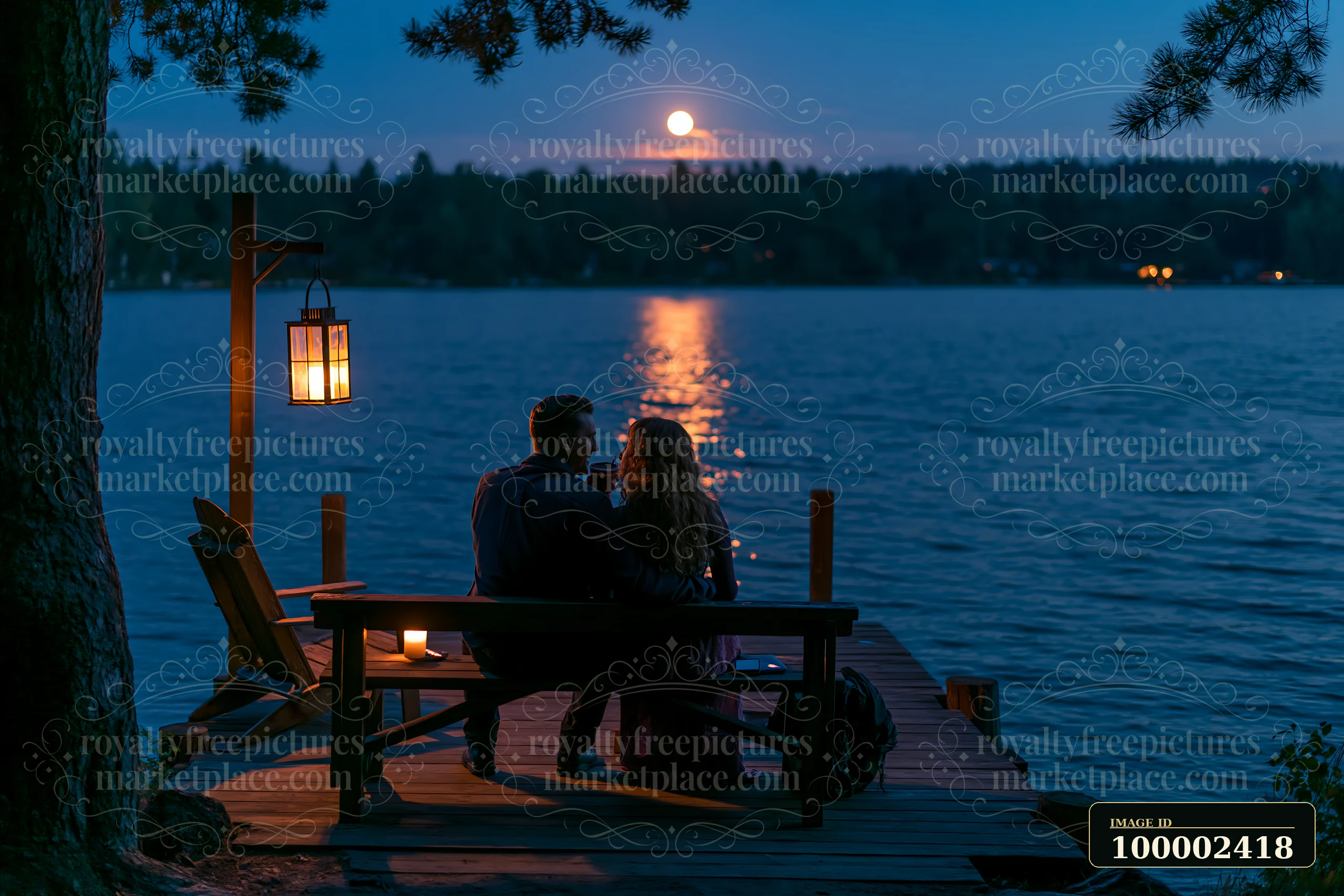 A couple enjoying a romantic night outdoors by the lake, sitting on a dock with a lantern.