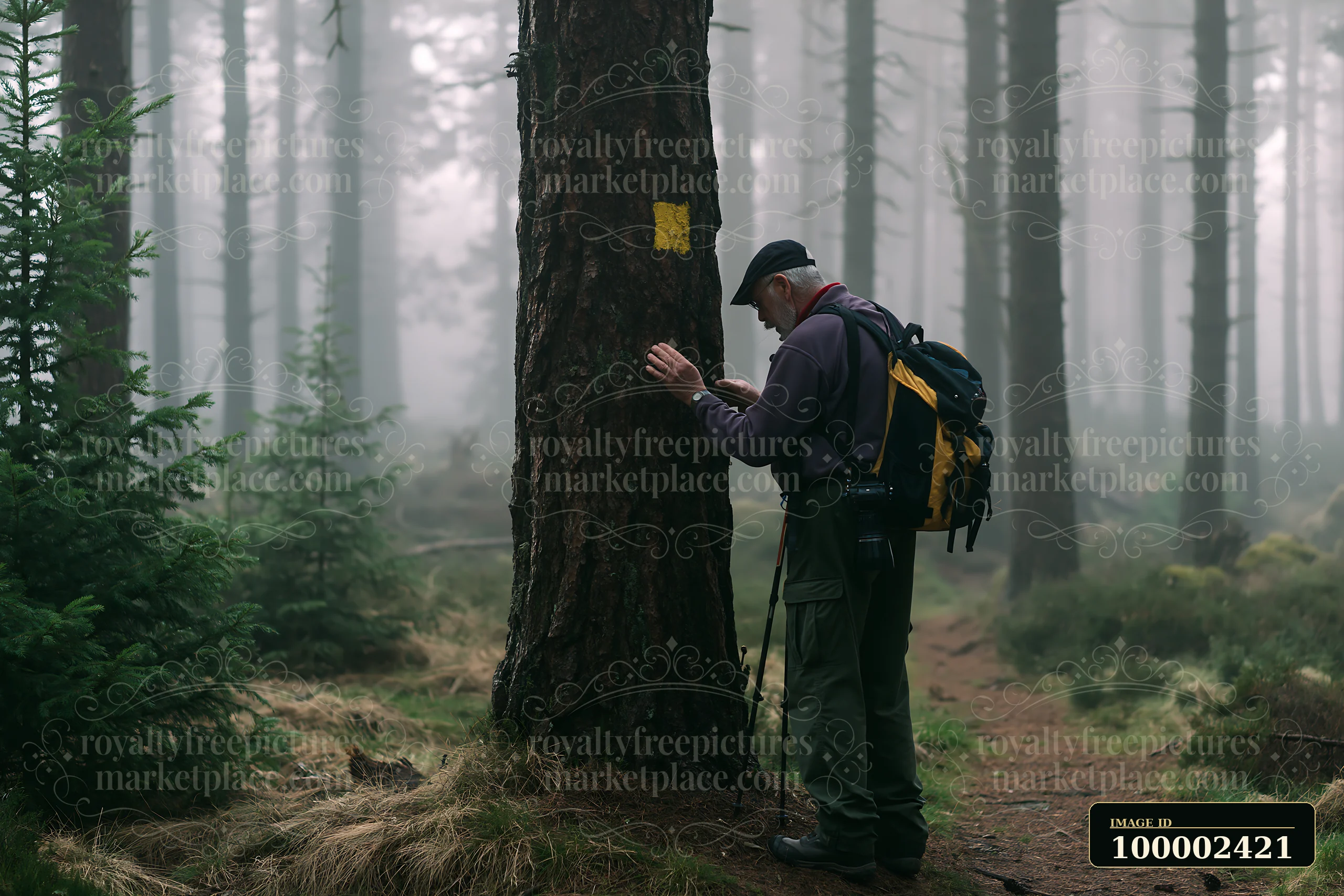 A hiker stands near a tall tree in a foggy pine forest.