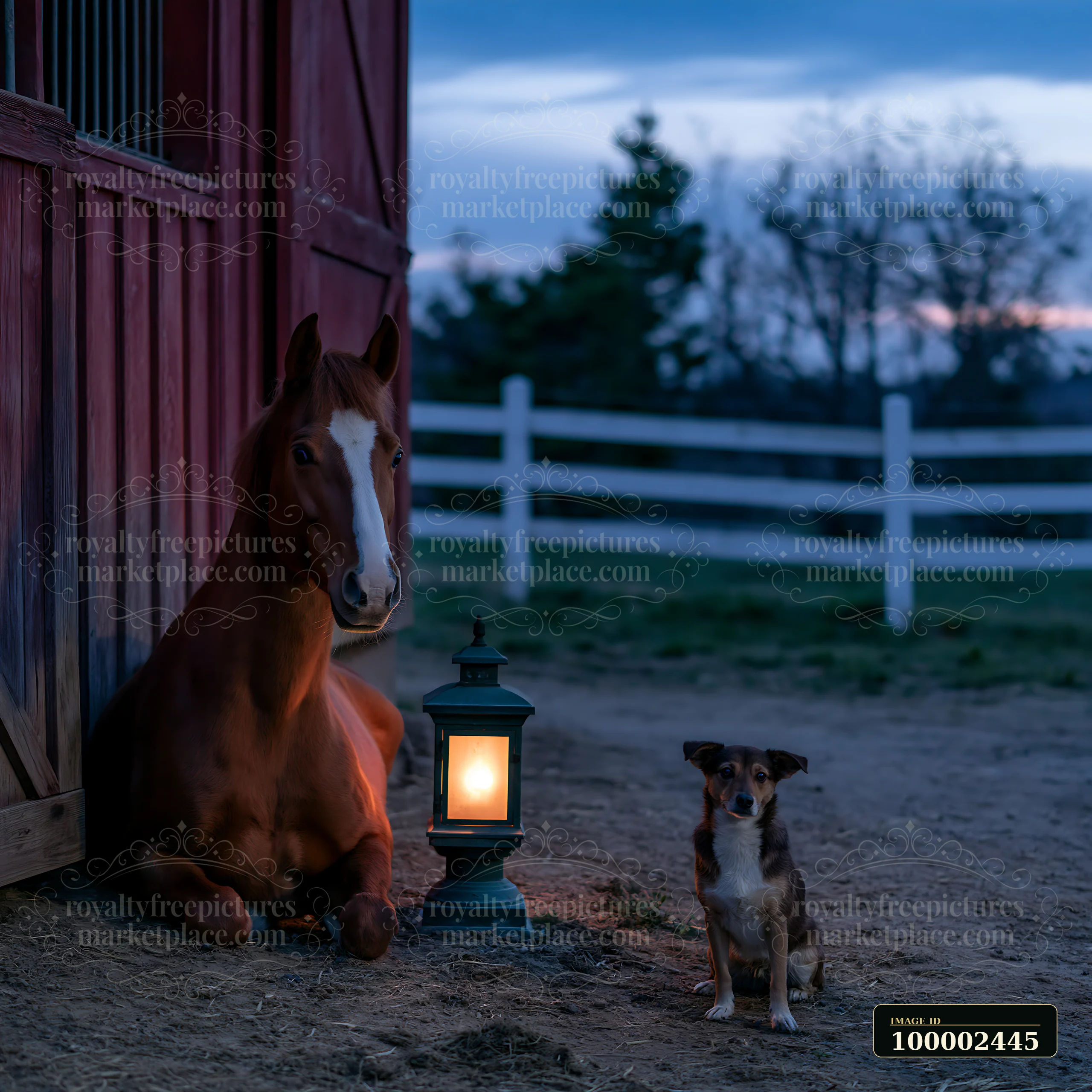 A horse rests next to a lantern outside a stable as dusk falls.