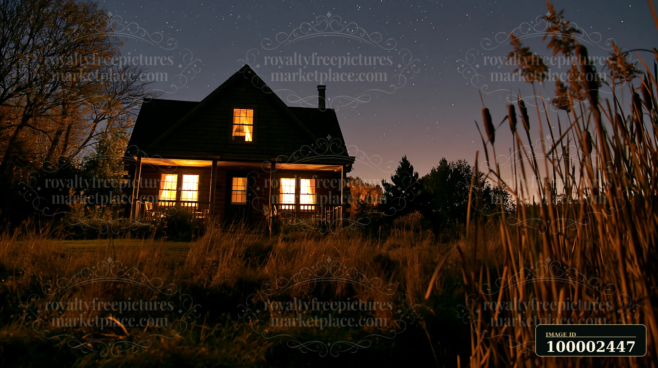 A cottage under stars with an open porch stands brightly lit at night.