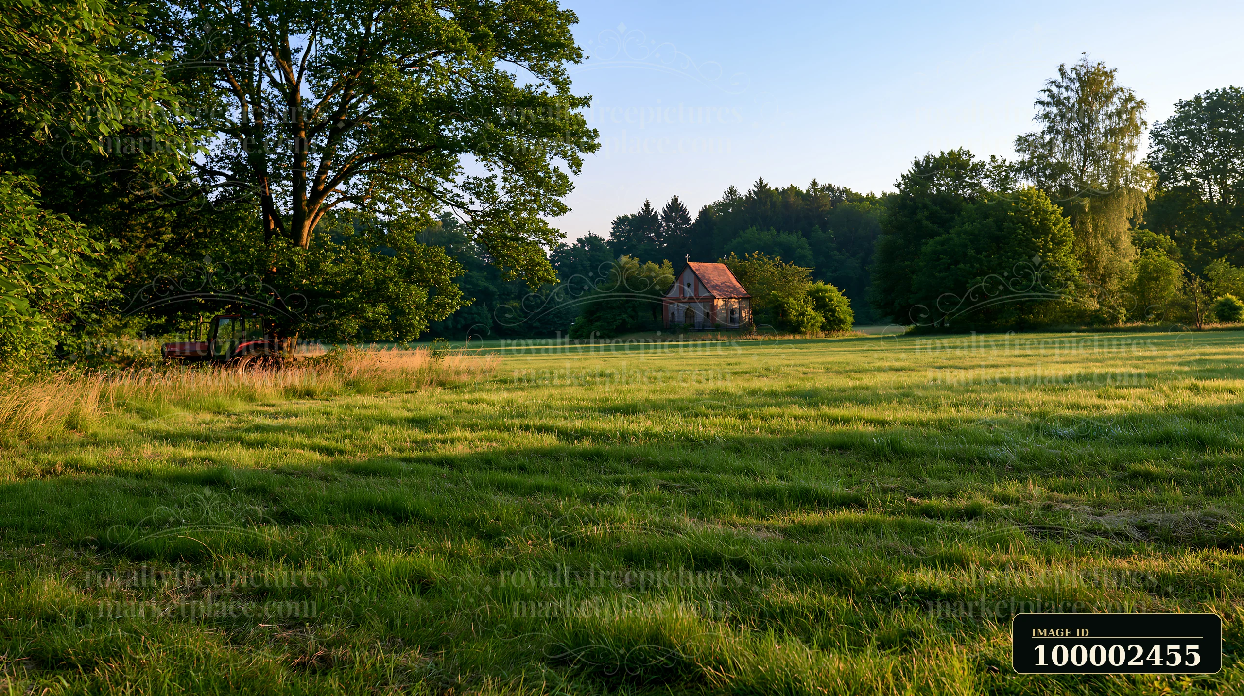 A tractor is mowing a meadow with tall grass near an old house.
