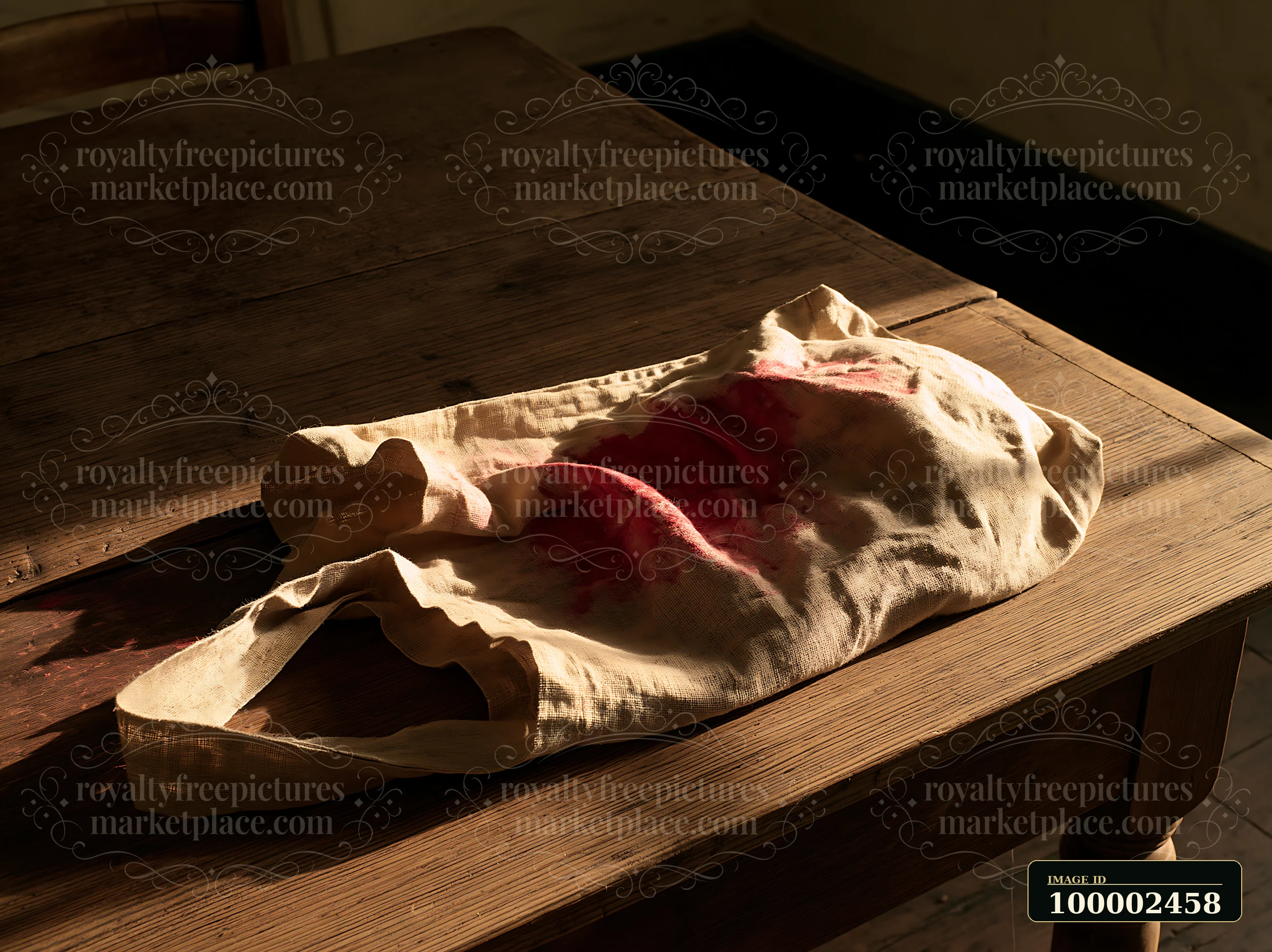 A rough textile draped over a wooden table shows distinct red pigment stains.