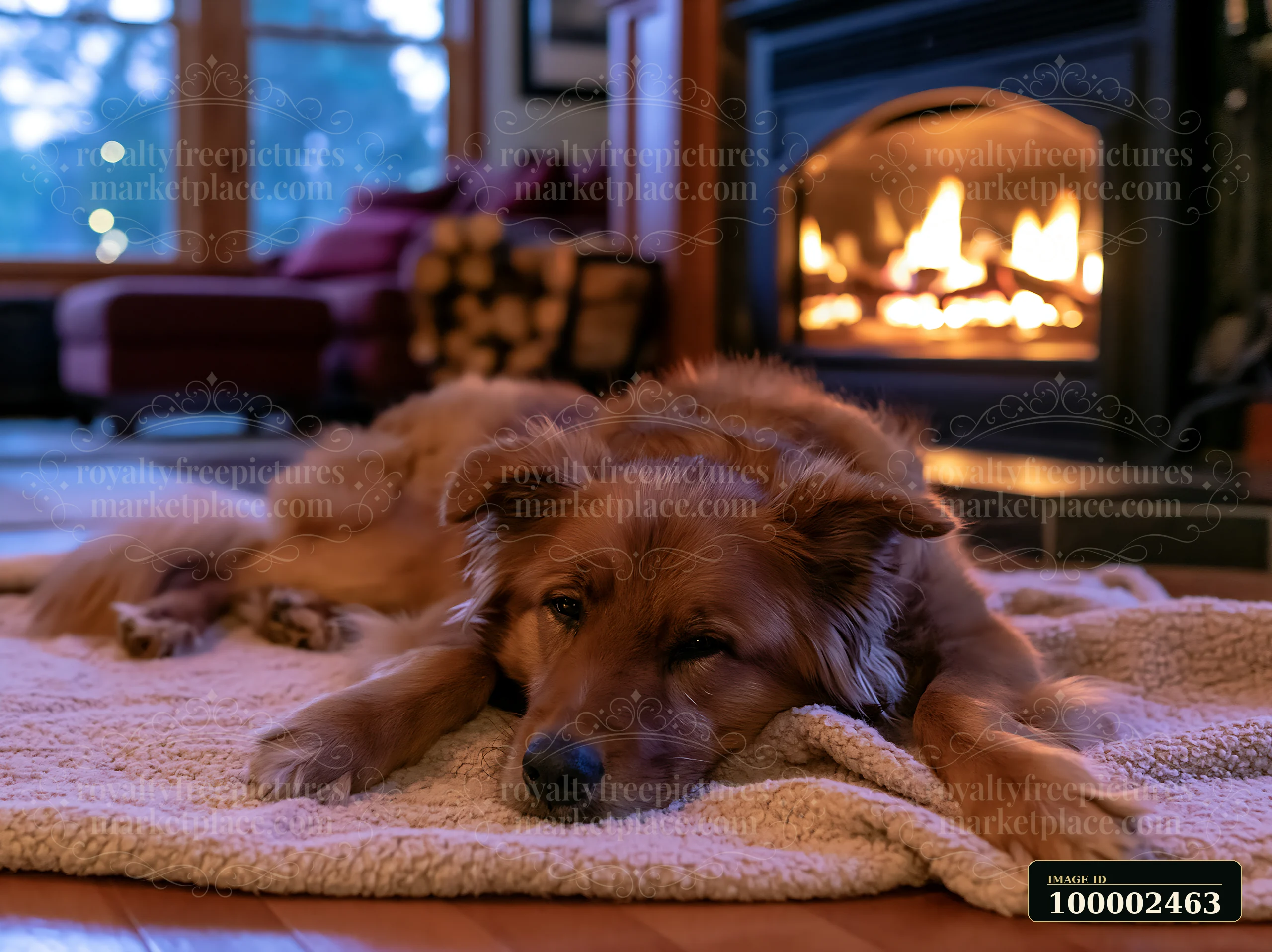 A rare dog breed relaxing by fireplace on a soft rug in a cozy living room.