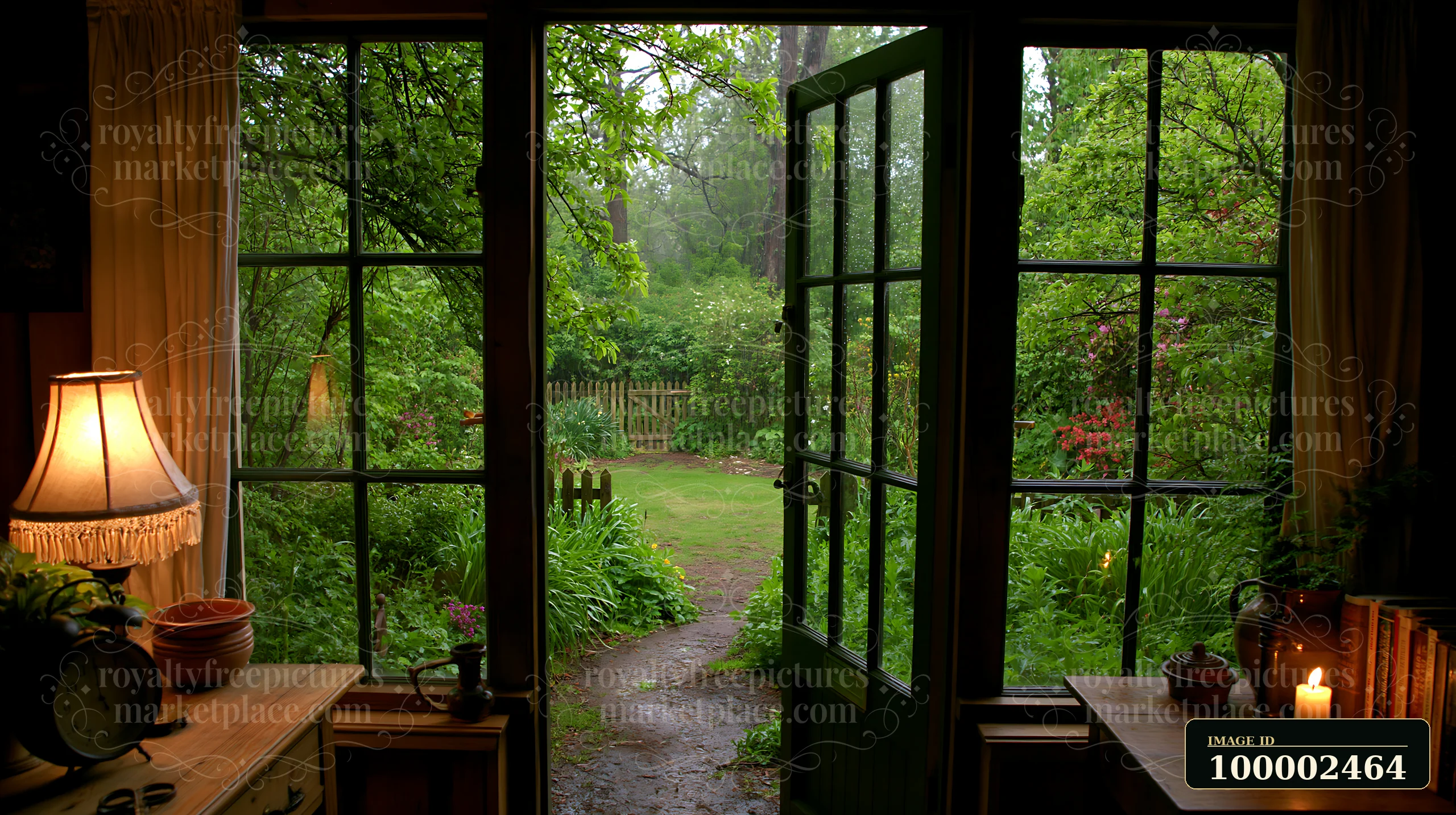 The scene shows a view from a timber cottage as rain falls outside.