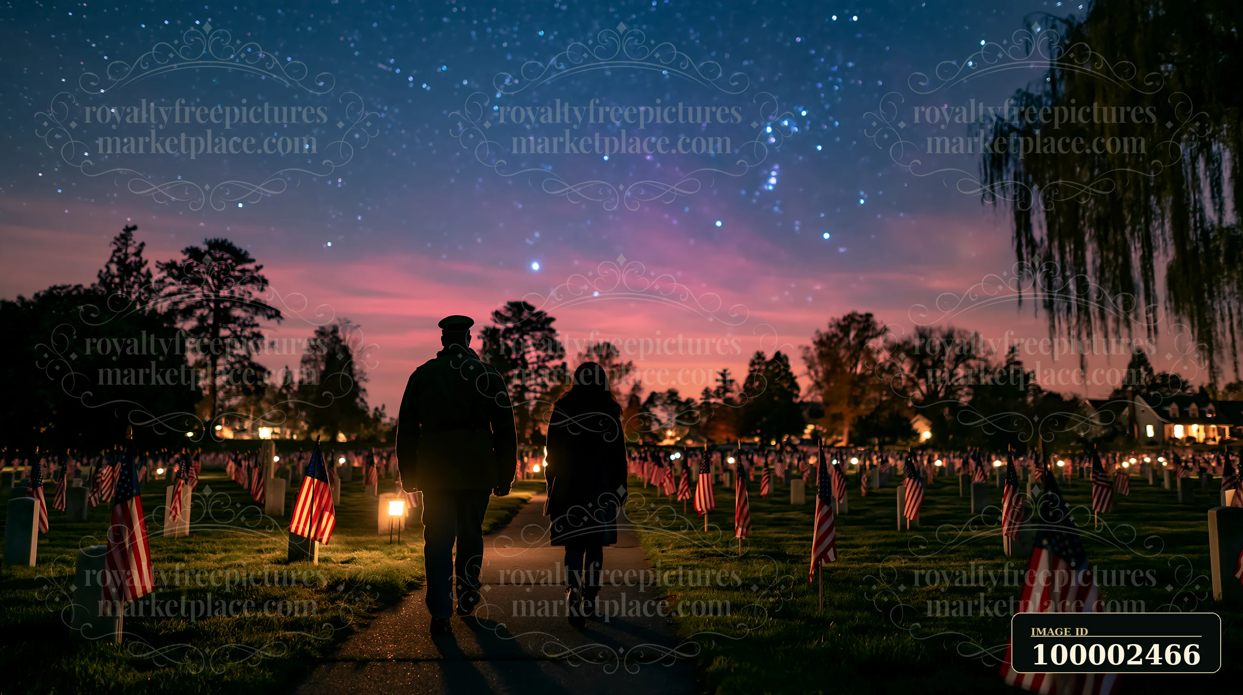 Two people walk through a cemetery decorated with flags, lit by gentle lights.