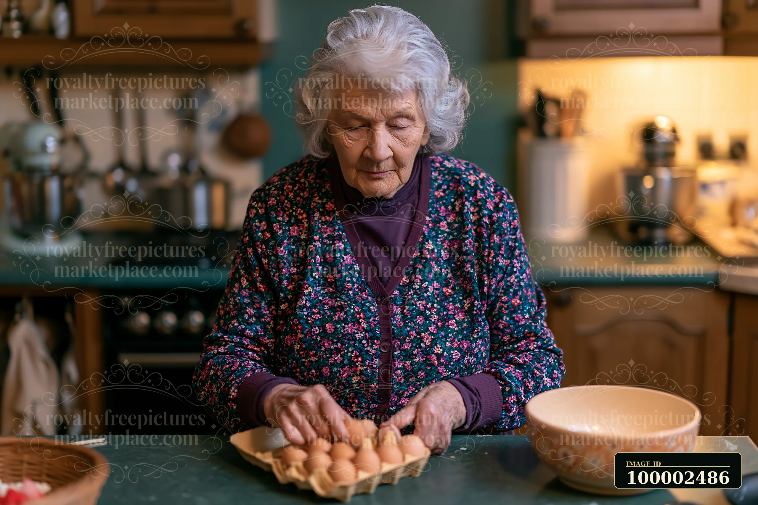 A senior woman with dementia prepares simple food in a cozy kitchen.