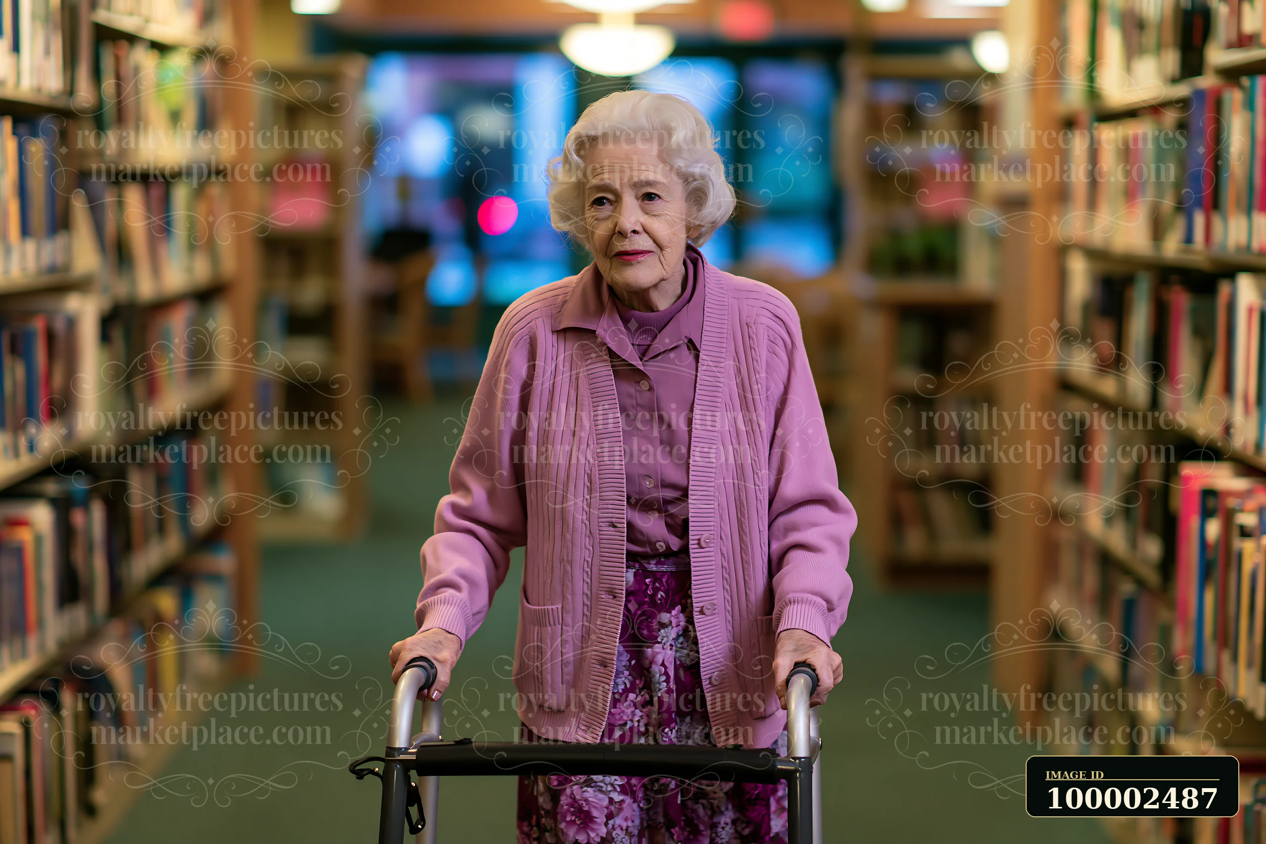 A person with Alzheimer's using a walking aid indoors is seen navigating through a library filled with shelves of books.
