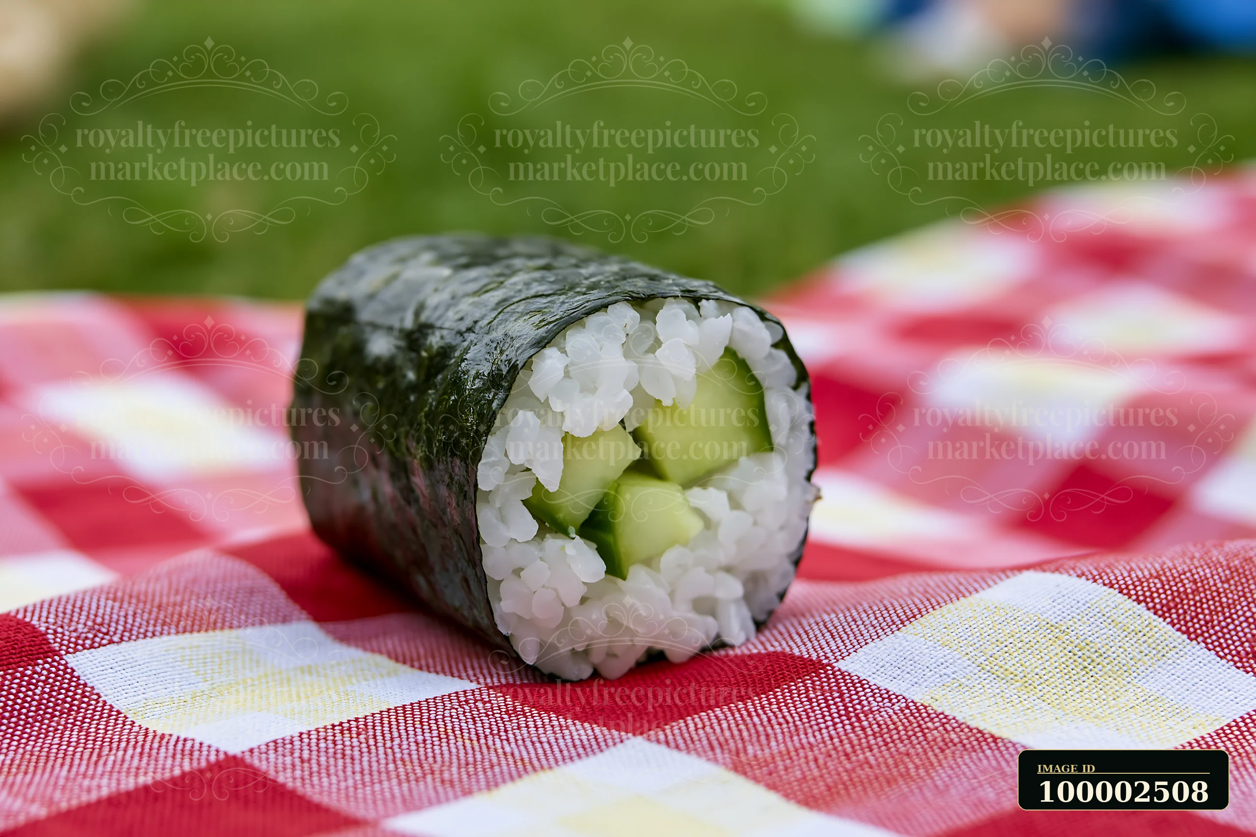 A single cucumber maki roll sits on a red and white checkered picnic blanket, surrounded by soft grass.