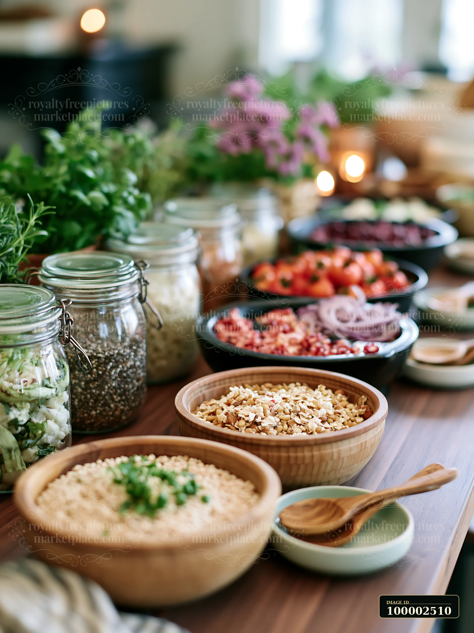 A long table displays a variety of fresh ingredients in bowls and jars.