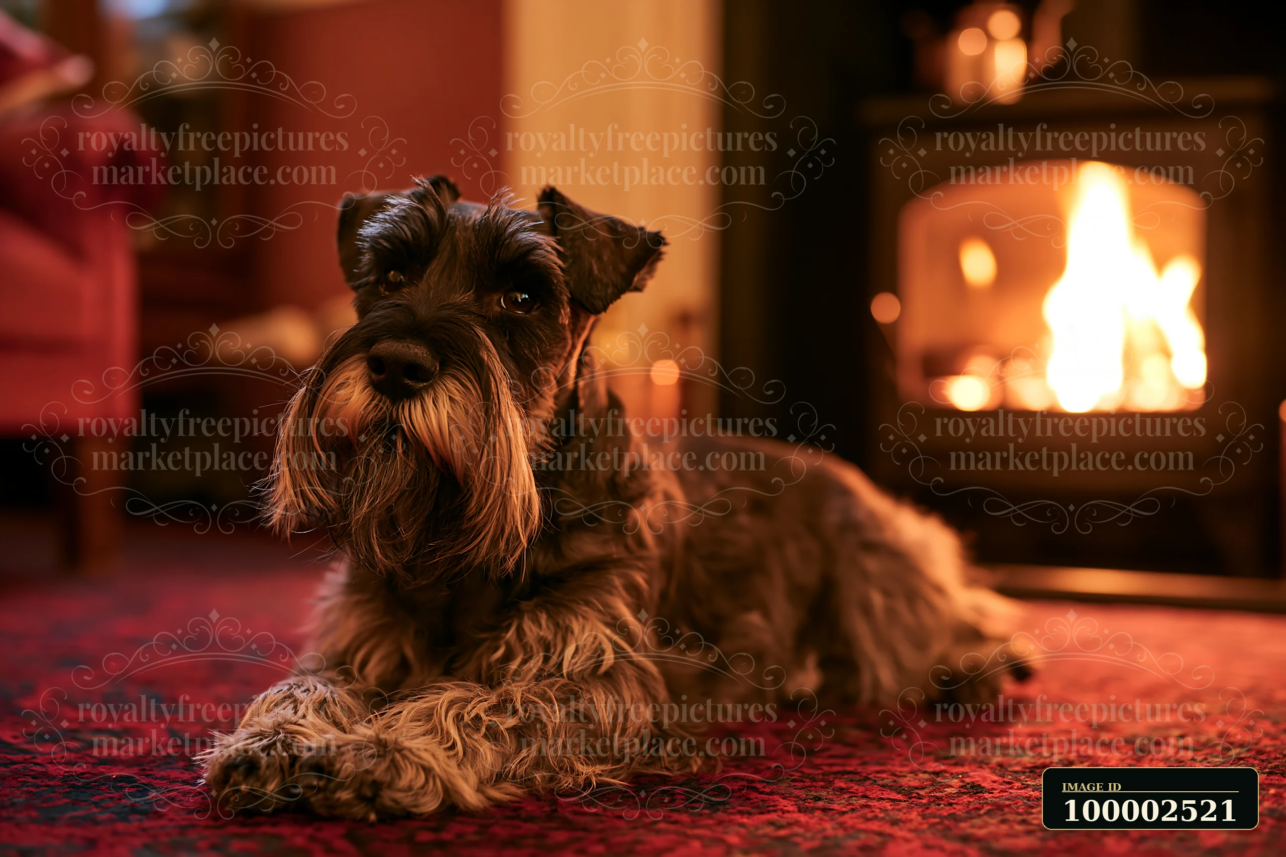 A rare dog breed is resting comfortably on a red carpet near a warm fireplace in a cozy living room.