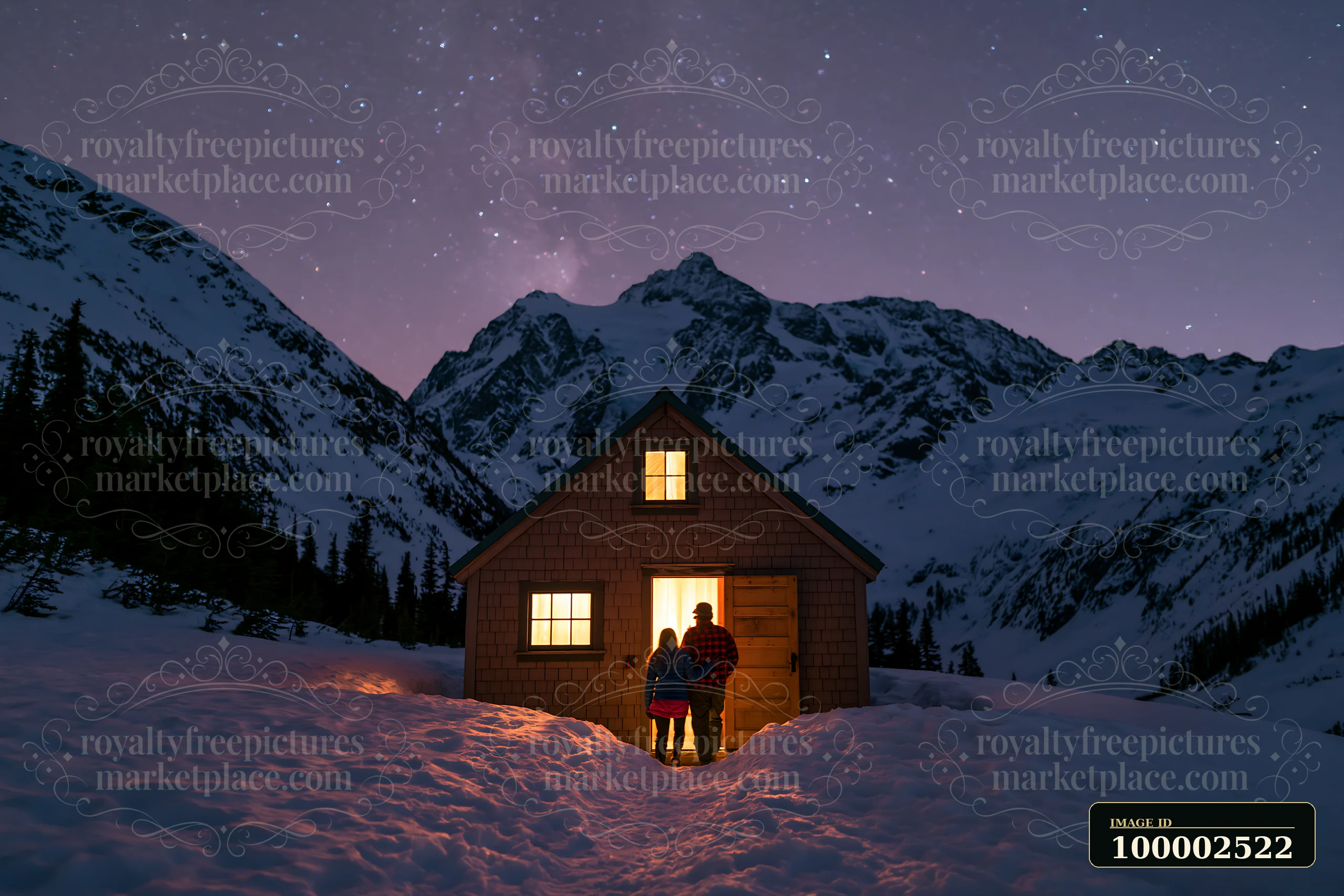 A couple stands in front of a warm cabin with glowing windows, surrounded by snowy mountains and a starry night sky, enjoying time together under stars in snowy