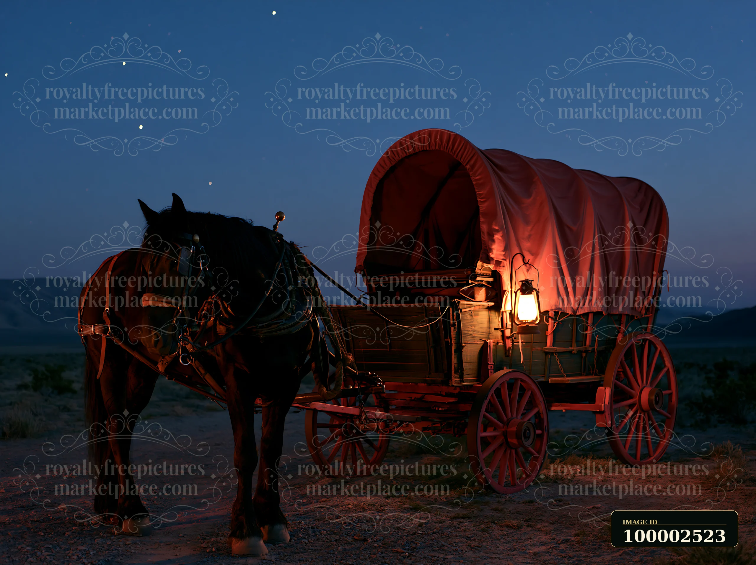 A horse in a starlit desert stands beside a wooden wagon with a lantern.