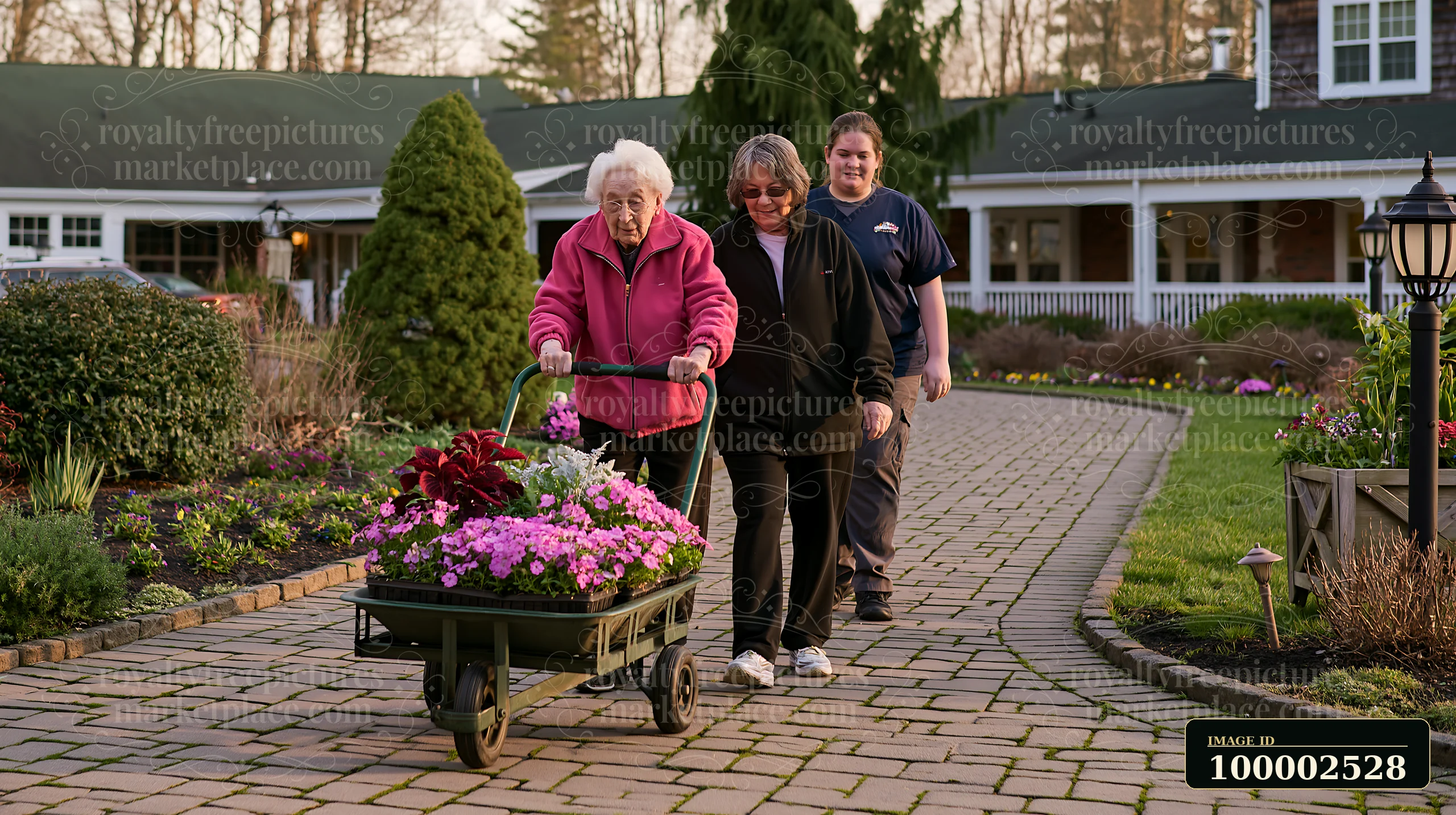 An elderly woman with Alzheimer's gardening with support walks along a path with a cart of flowers.