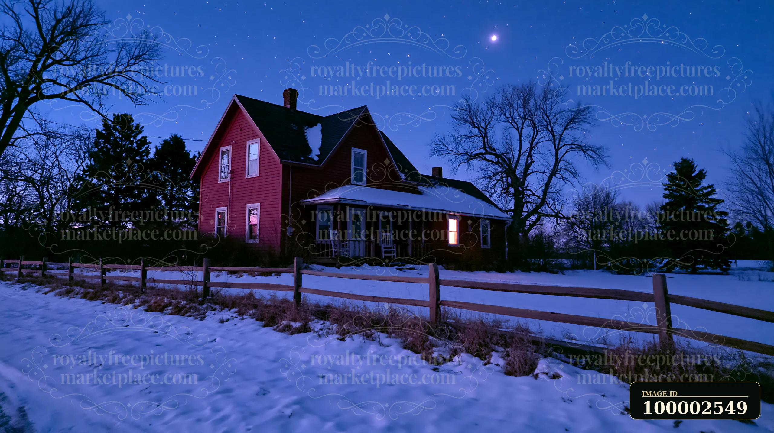 A red house sits quietly in the snow, illuminated by stars in a clear night sky.