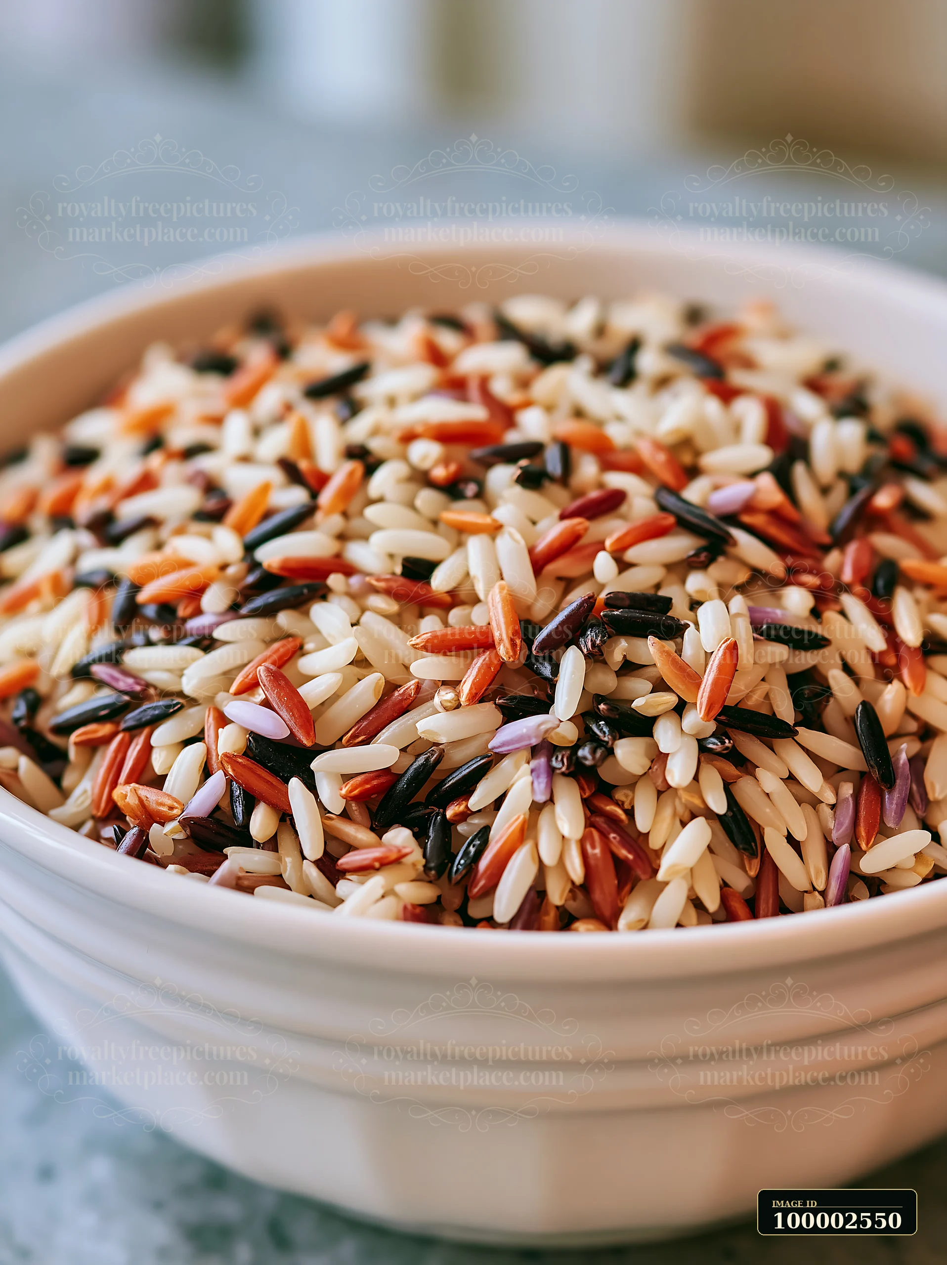 Multicolor rice grains forming swirl are arranged in a bowl, showcasing a mix of different types of rice.